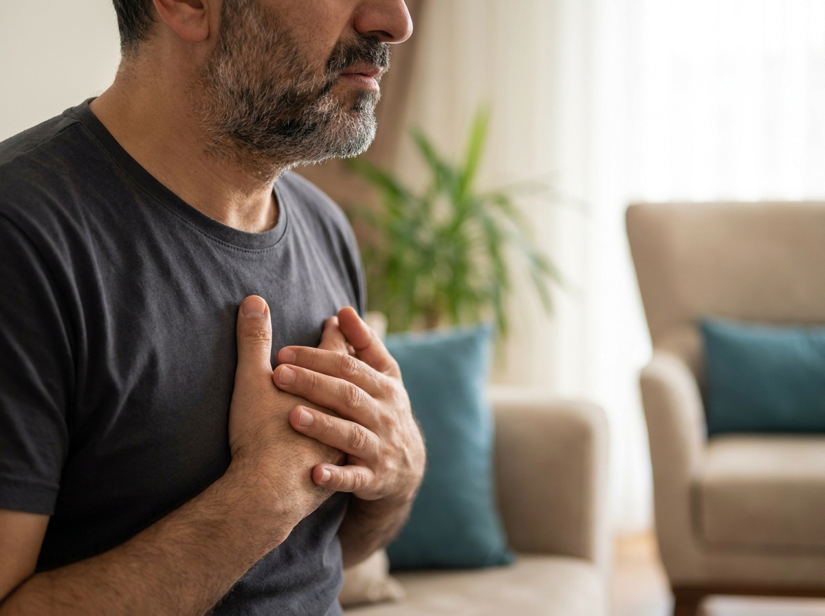 Yetişkin elini göğsüne bastırmış, sıkıştırma hissini gösterir biçimde