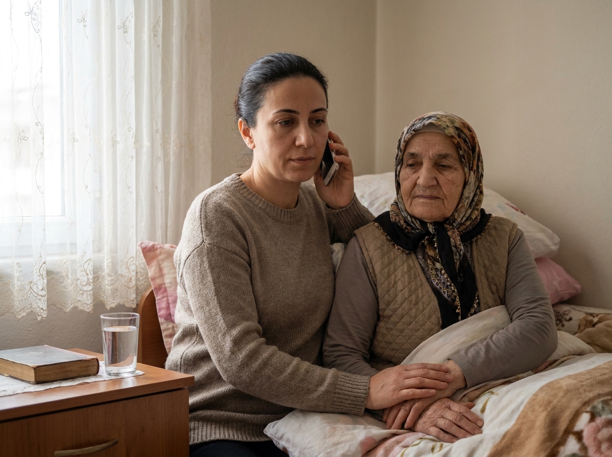 Yetişkin kadın yatak odasında telefondan 112 ile konuşurken yaşlı annesinin yanında oturuyor