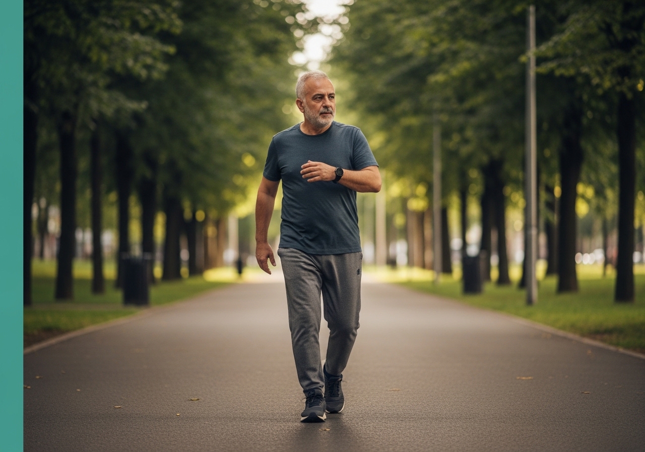 Parkta tempolu yürüyen orta yaşlı erkek: kardiyovasküler aktivite