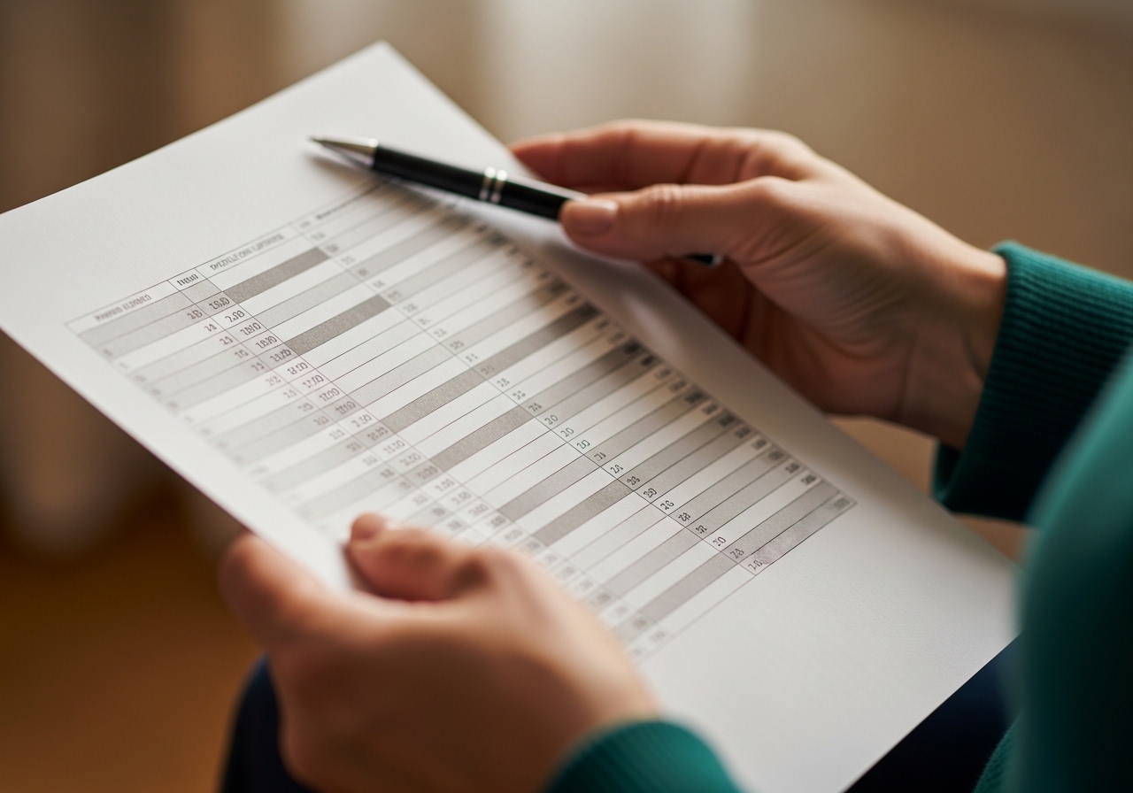 Yakından bir paper lipid profili raporunu inceleyen yetişkinin elleri