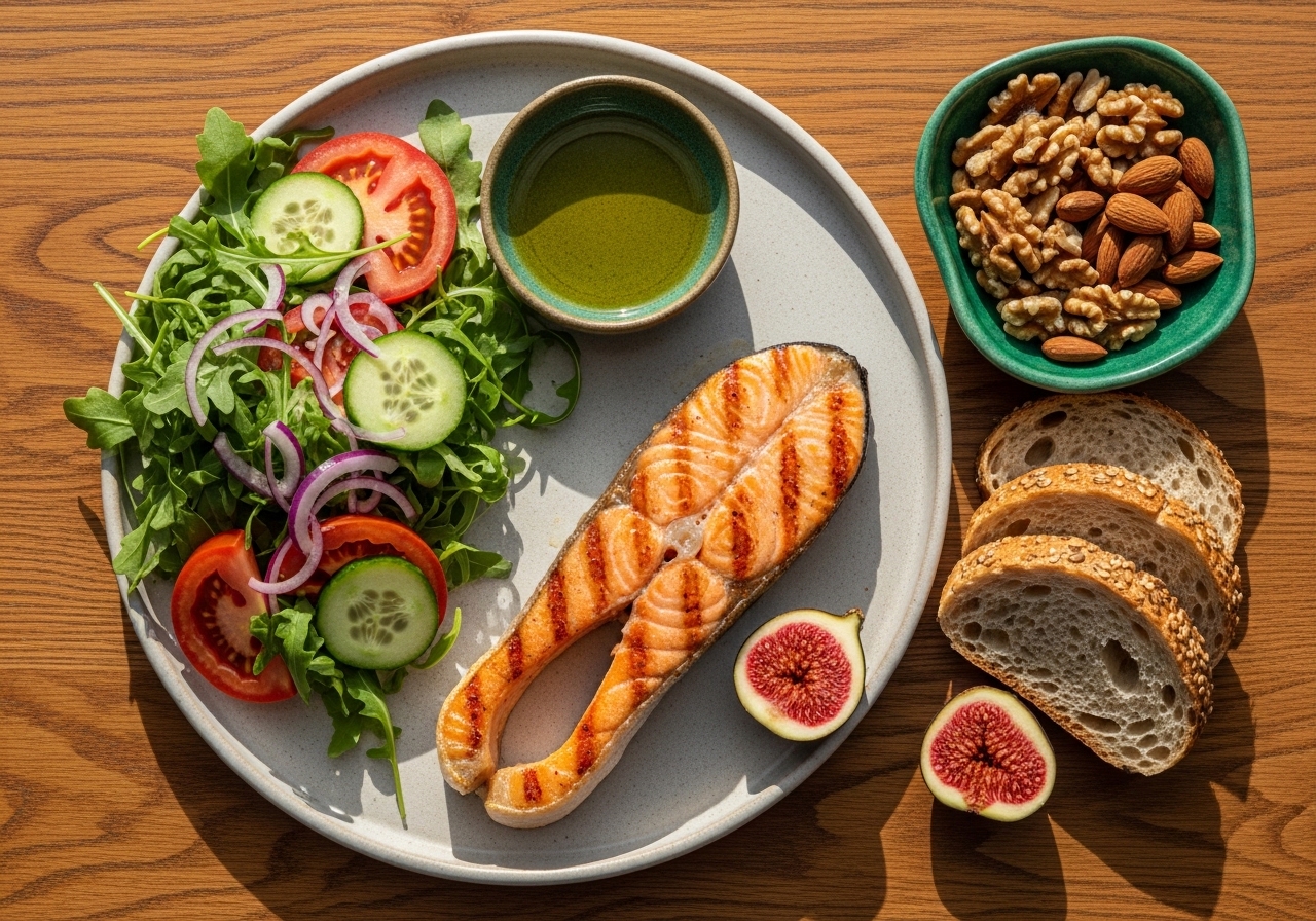 Akdeniz tipi öğün: ızgara balık, renkli sebzeler, tam tahıl, zeytinyağı ve fındık