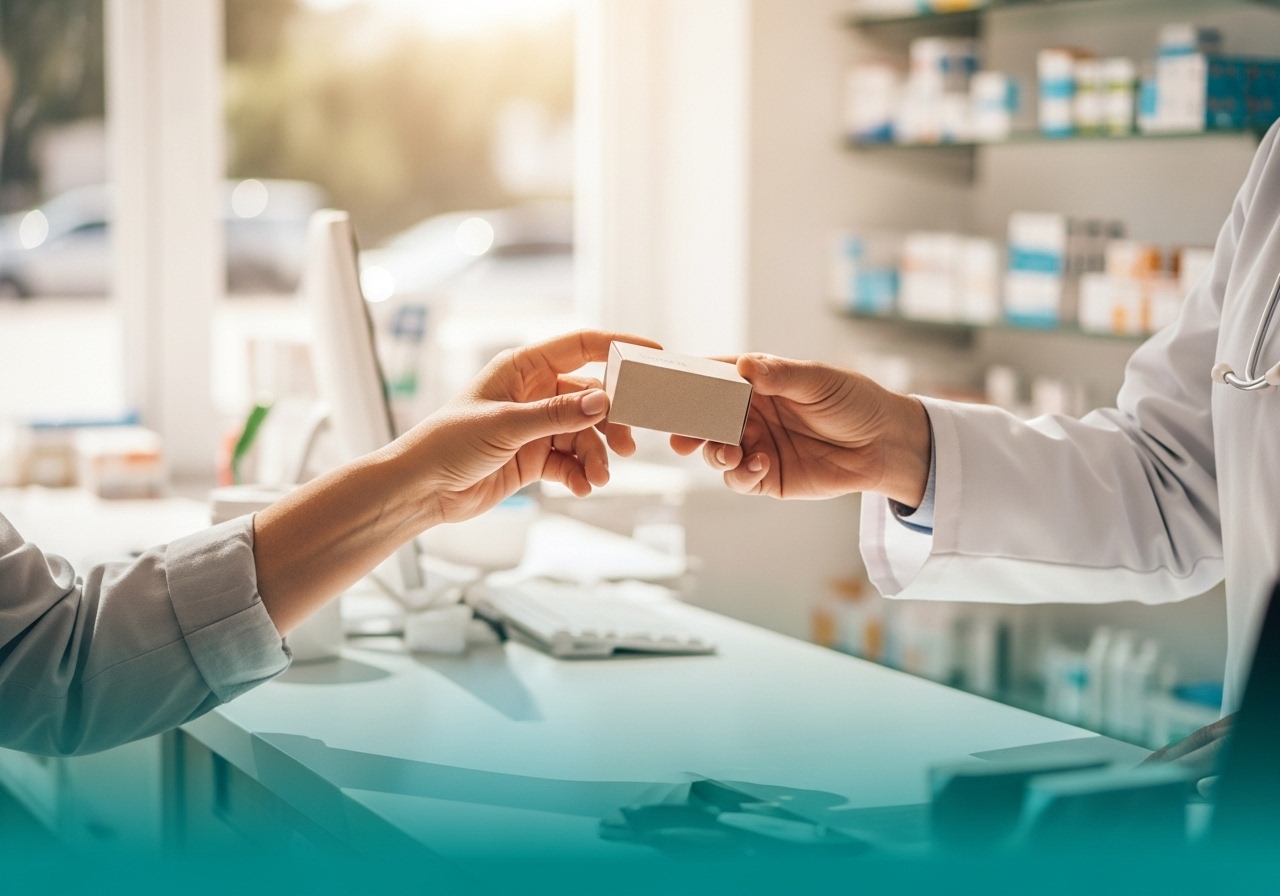 Eczanede kolesterol ilacı kutusunu eline alan yetişkin — statin tedavisi sahnesi