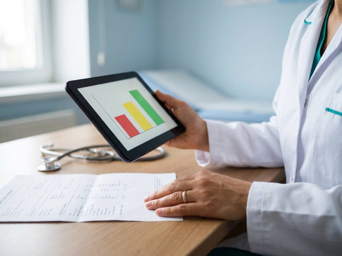 Hekimin elinde tablet, ekranında basit yüzde grafiği — hasta gözlüyor