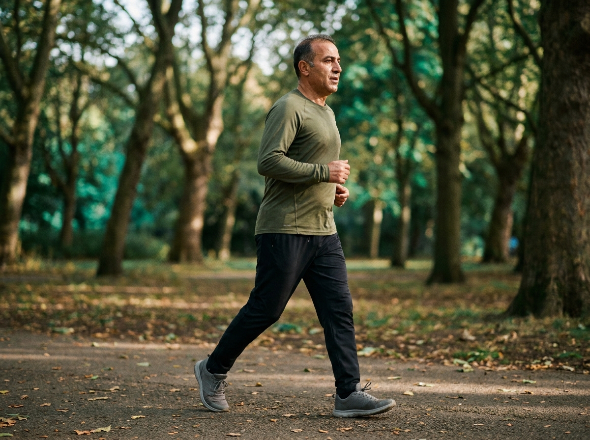 Orta yaşlı bir yetişkin parkta tempolu yürüyüş yapıyor, doğal sabah ışığı