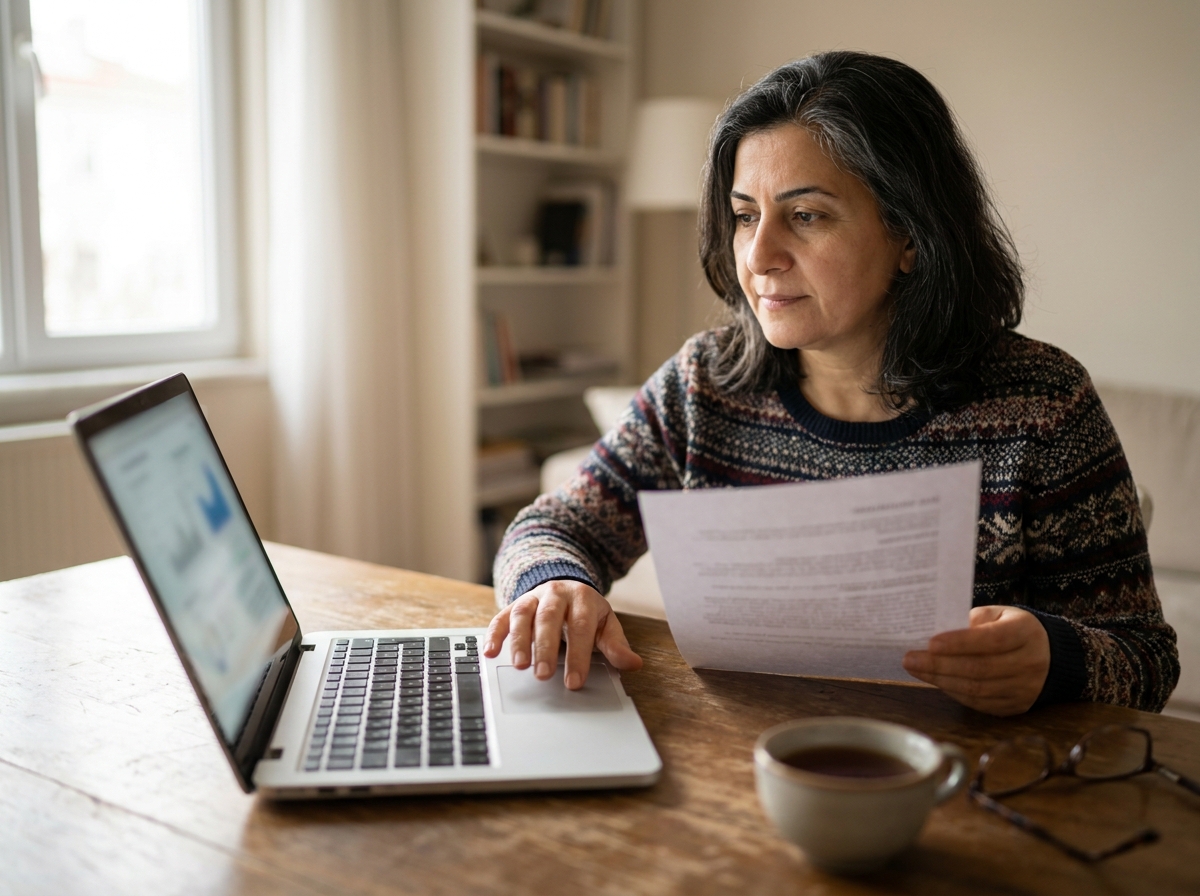 Yetişkin evde dizüstü bilgisayarda online risk skoru aracını dolduruyor