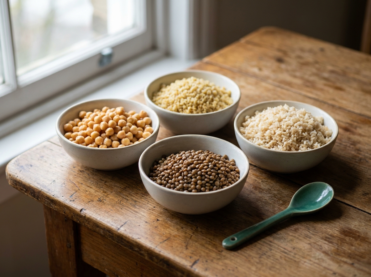 Pişmiş mercimek, kahverengi pirinç, bulgur ve nohut kâseleri masada yan yana, lifin en yoğun kaynakları.