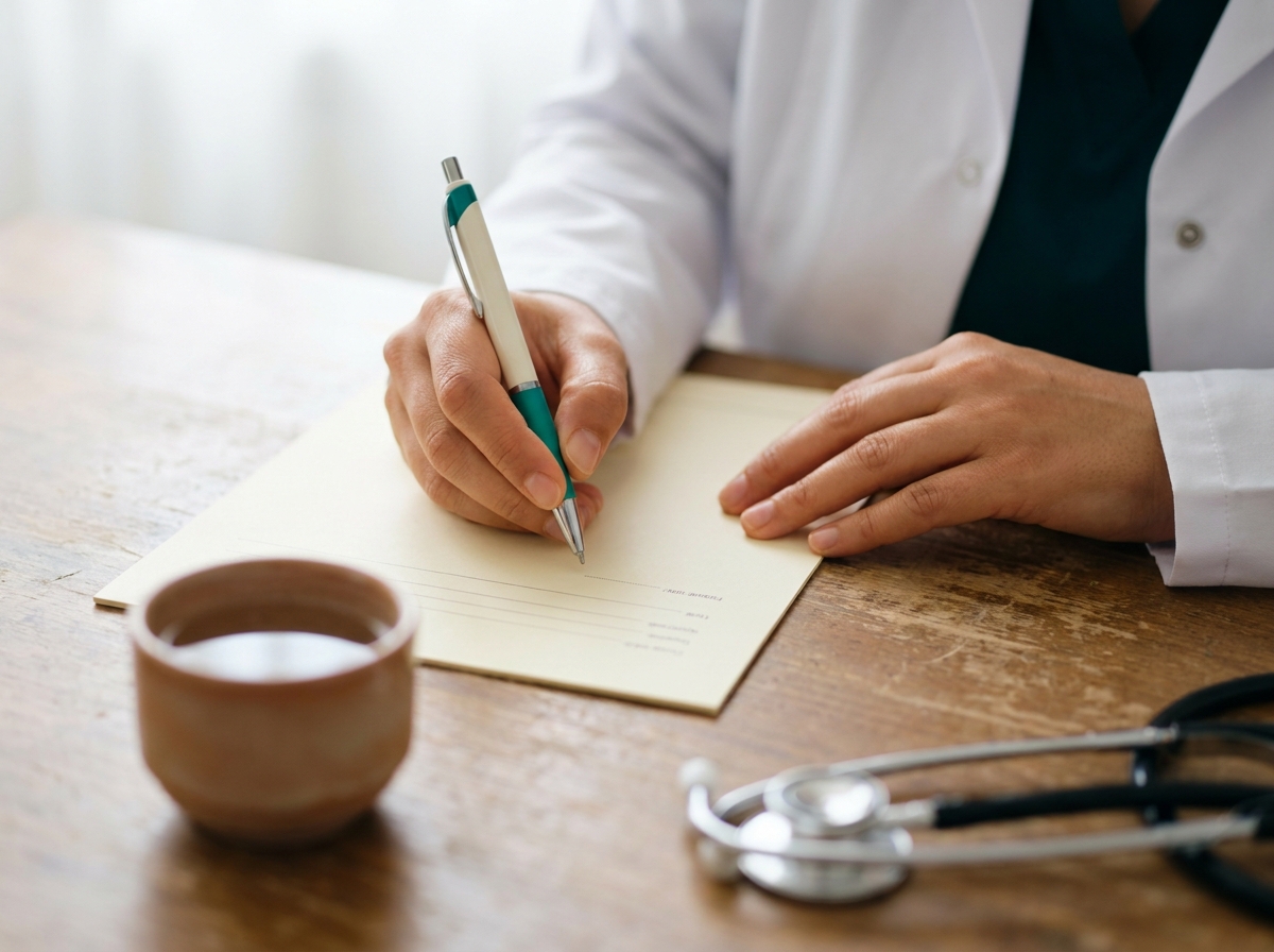 Hekim ve kadın hasta klinik muayene odasında risk değerlendirmesi konuşuyor