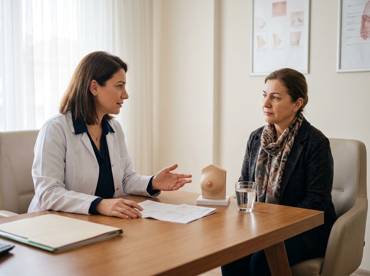 Kadın hekim ve danışan, meme MR endikasyonunu masada konuşuyor