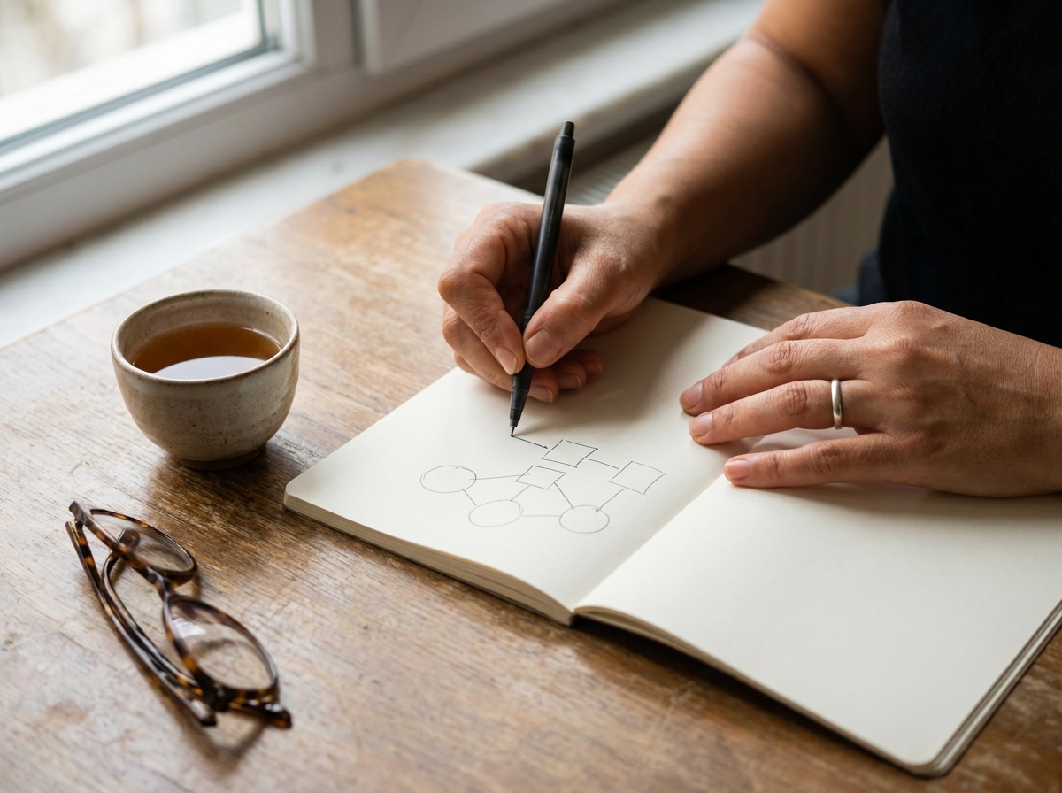 Bir yetişkin masada kâğıt üzerinde aile ağacı çiziyor, kalem elinde