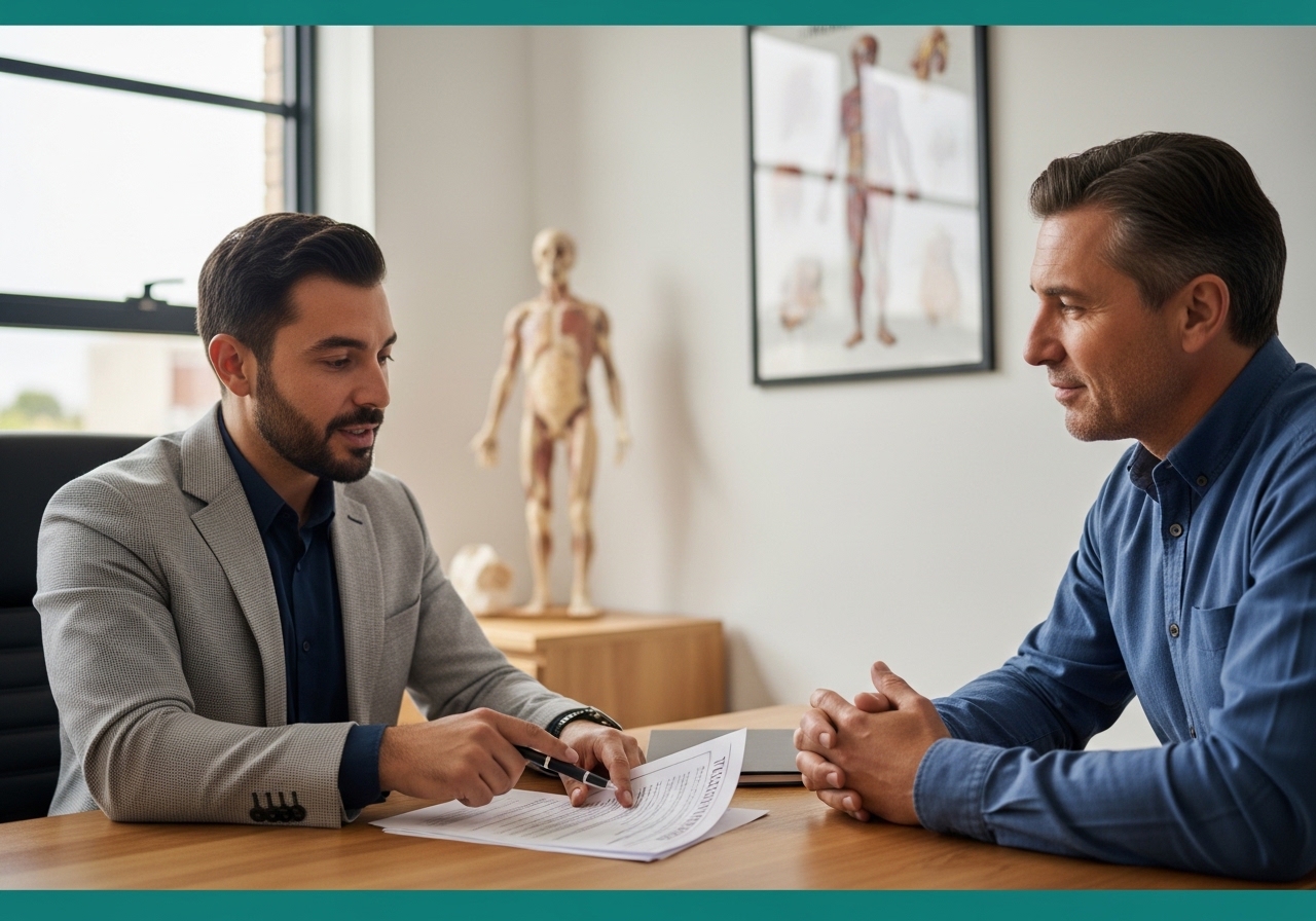 Psikiyatri danışması: hekim hastaya tedavi planını anlatıyor, kağıt üzerinde notlar