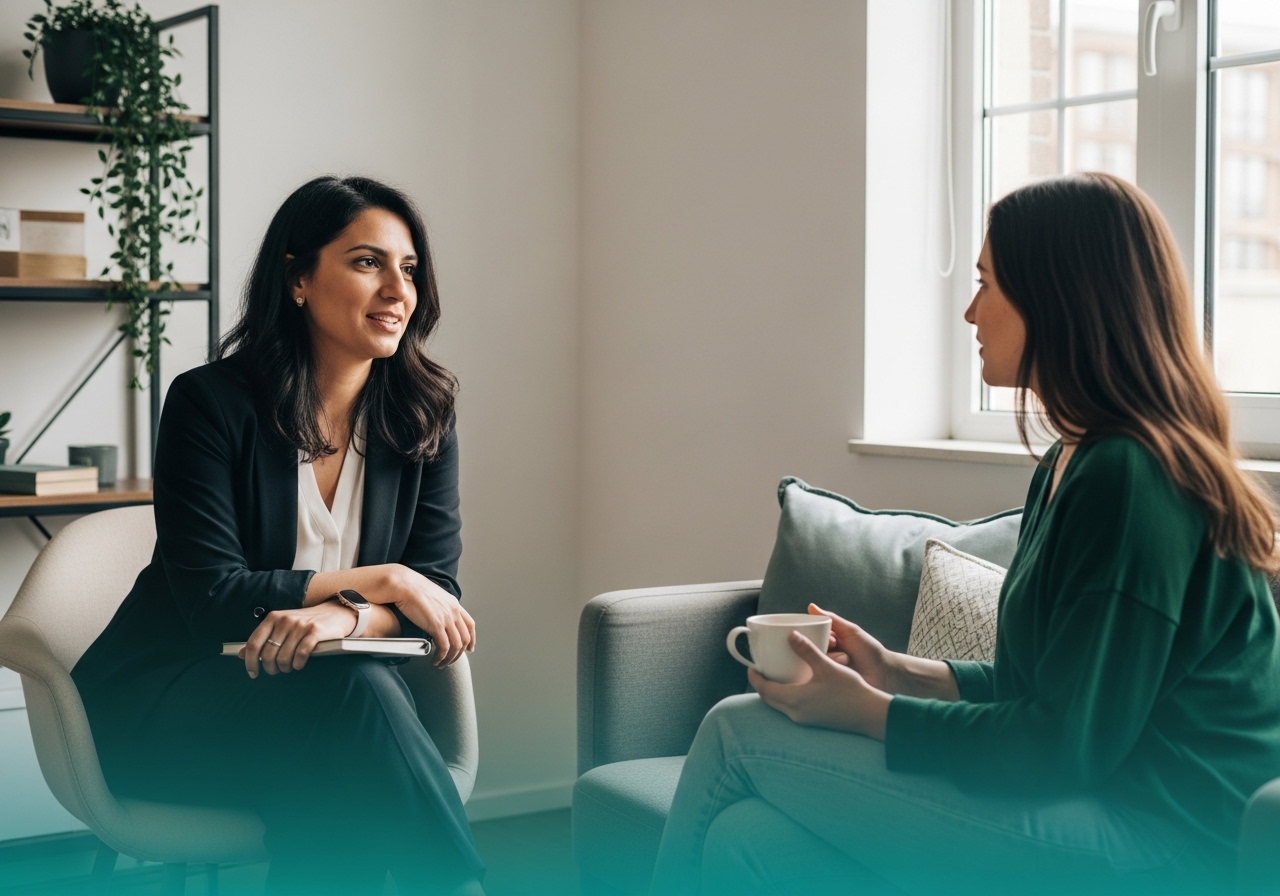 Bireysel bilişsel davranışçı terapi seansı: terapist ve danışan konuşuyor