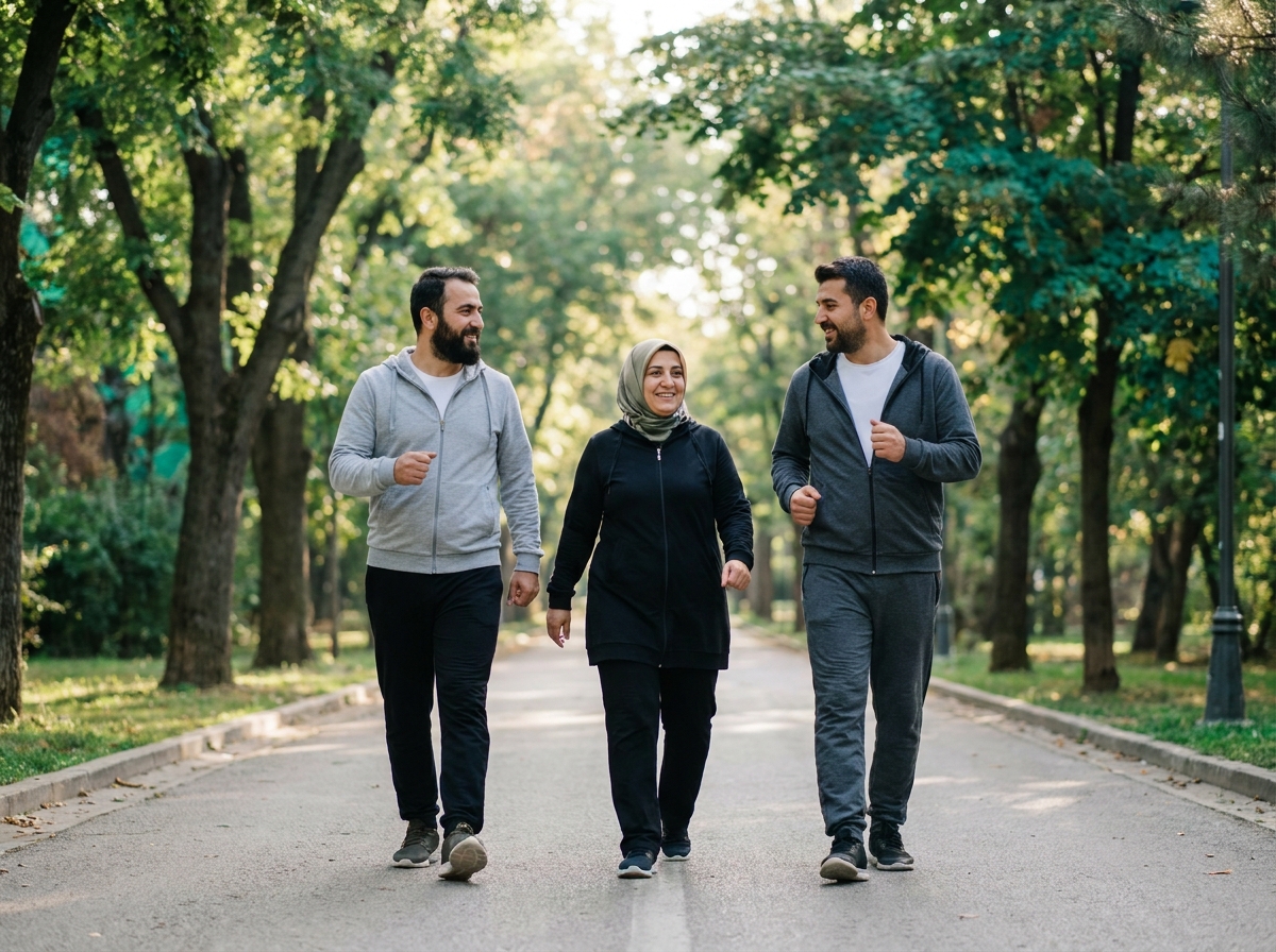 Üç kişilik aile parkta birlikte tempolu yürüyüş, sabah ışığı
