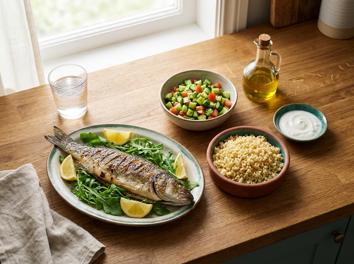 Mutfak masasında zeytinyağlı sebze, ızgara balık, bulgur ve salata