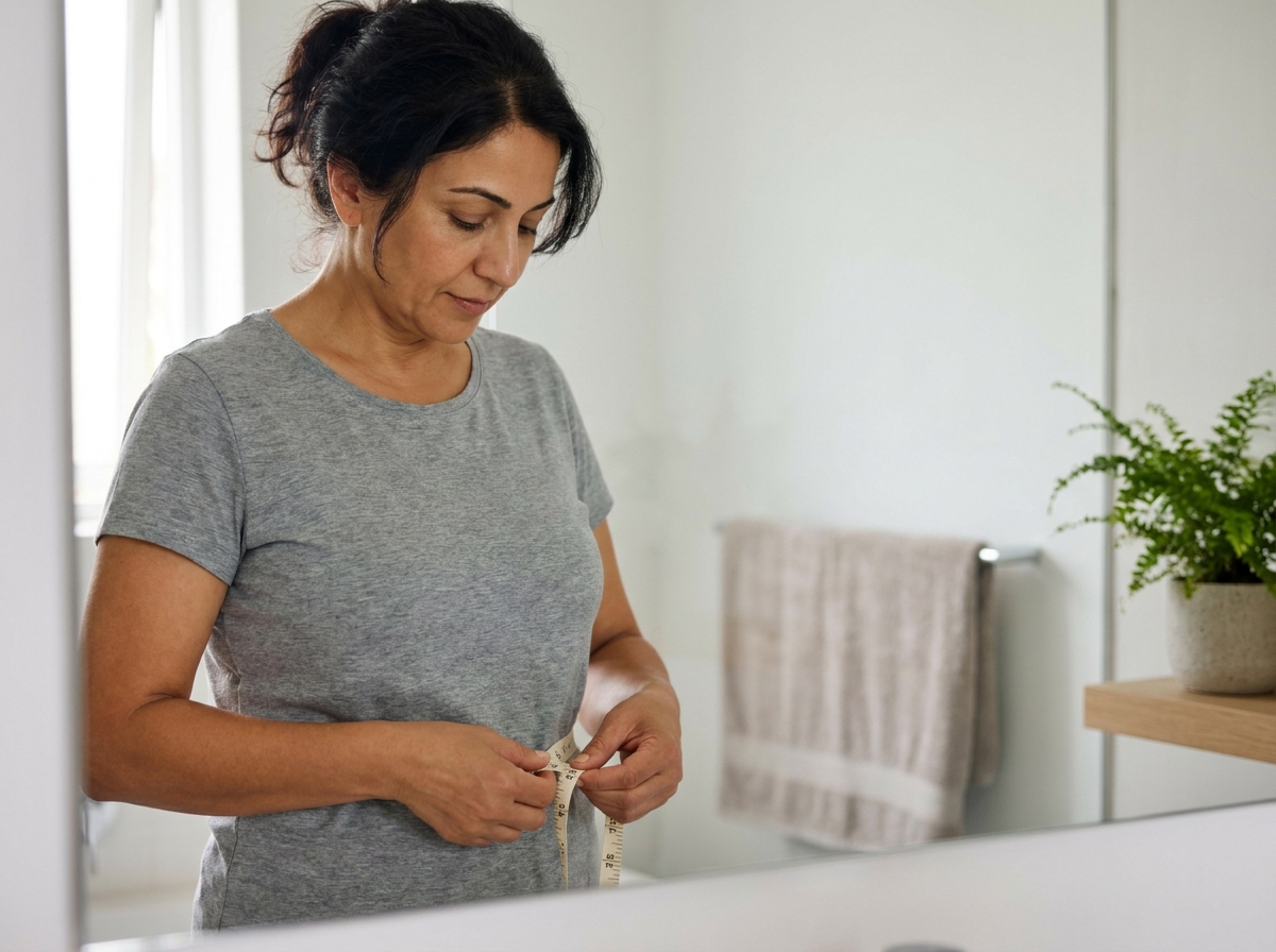Yetişkin evde mezurayla bel çevresini ölçüyor, banyoda ayna önünde