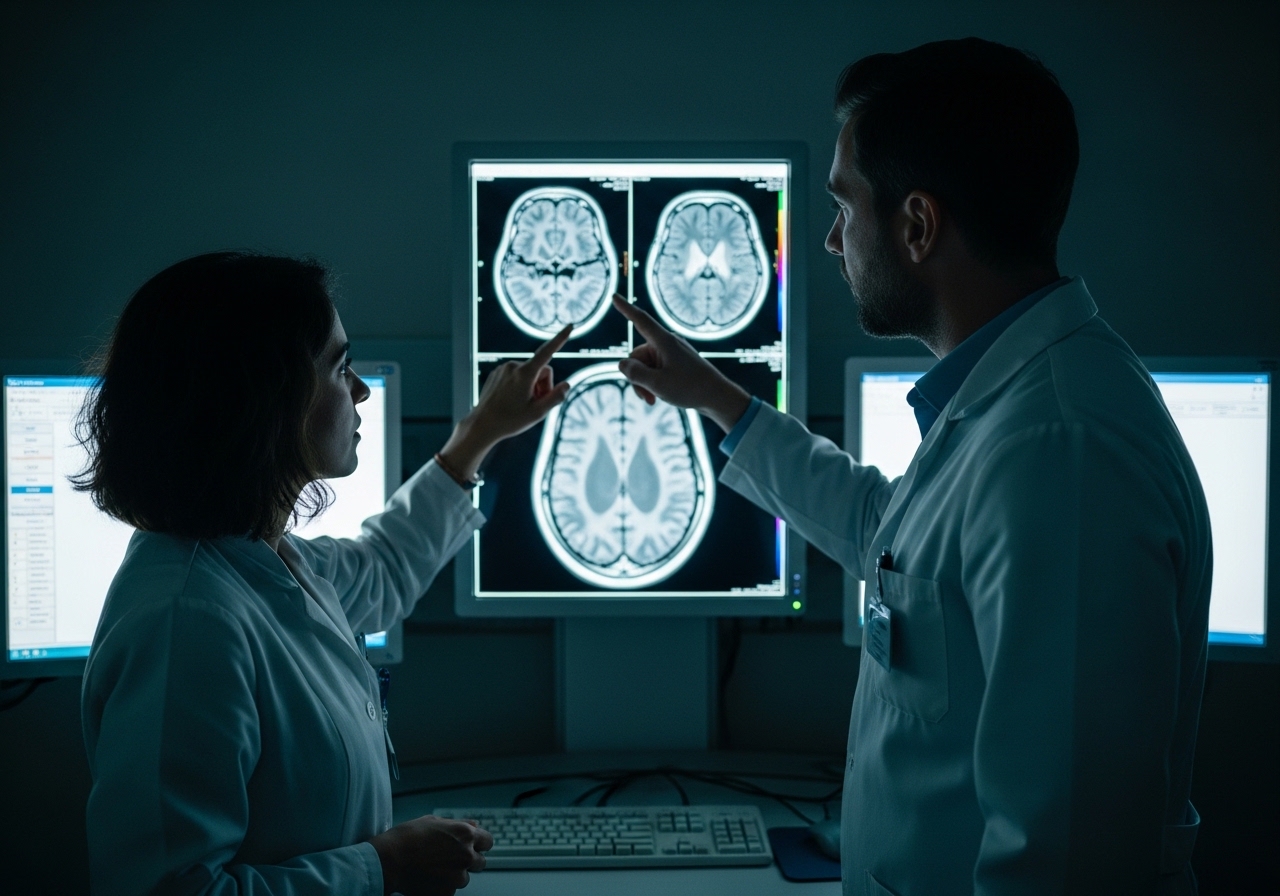 Radyoloji odasında beyin MR görüntülerini inceleyen nöroloji ekibi