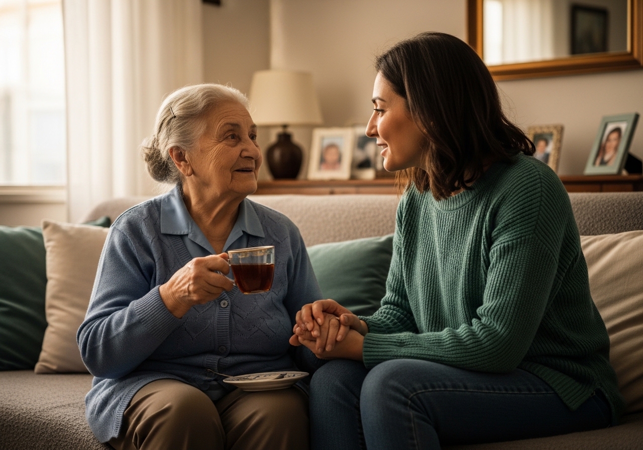Yaşlı bir kişi ile aile üyesinin sıcak ve destekleyici etkileşimi — bilişsel sağlık desteği
