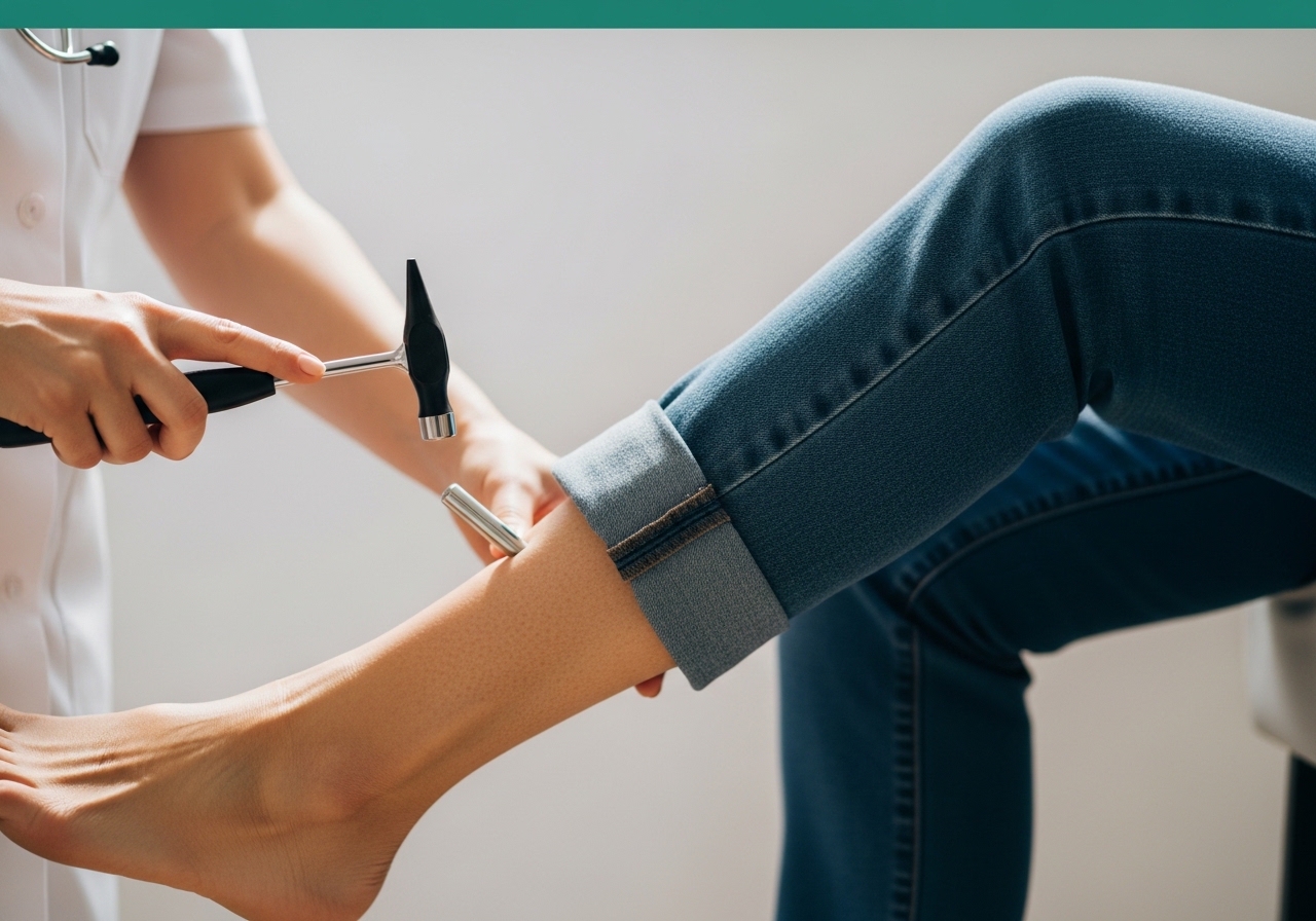 Nörolojik muayene: hekim refleks çekici ile diz refleksini test ediyor