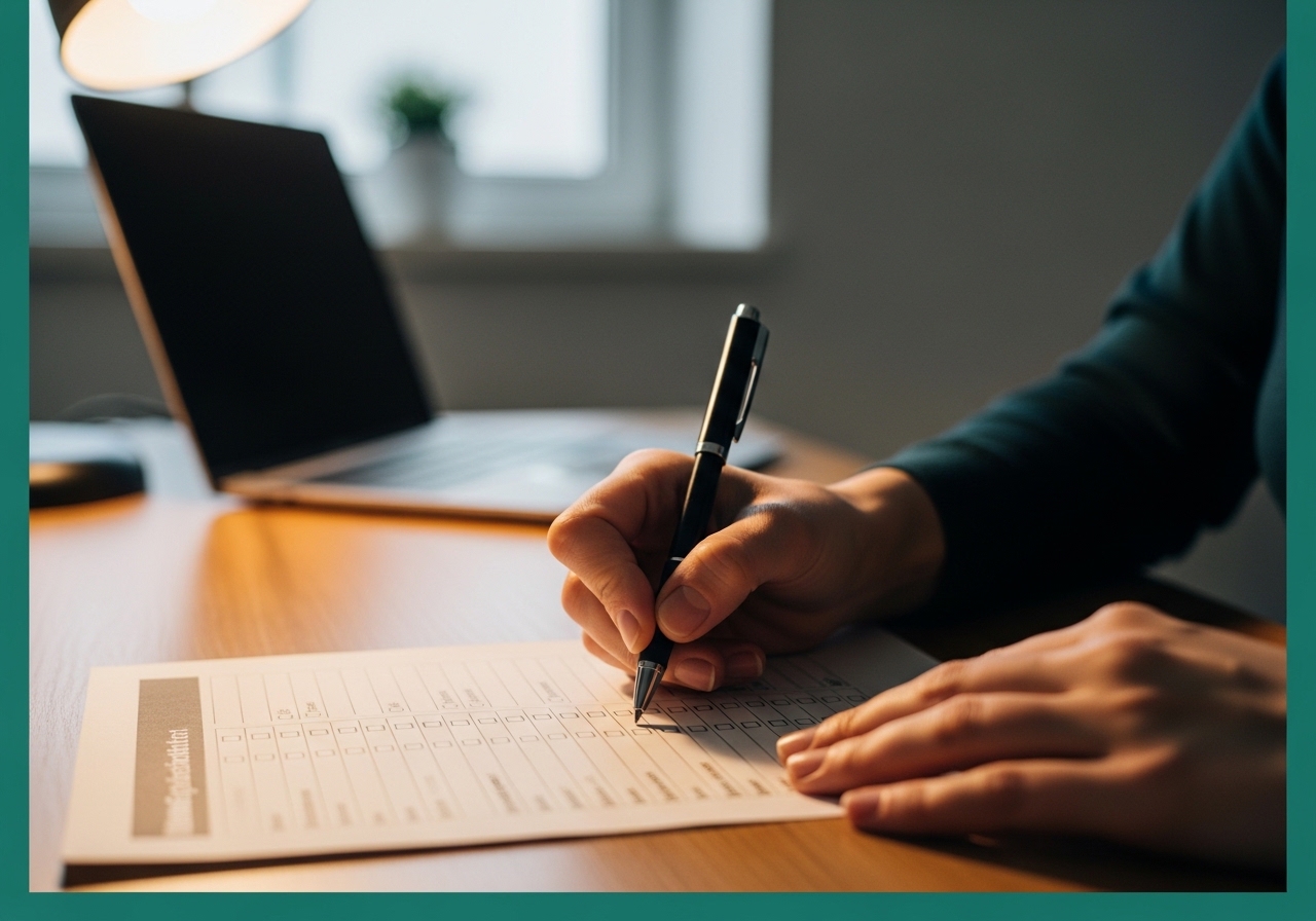 Bir yetişkin masada elinde kalemle anket kâğıdını dolduruyor, yakın çekim