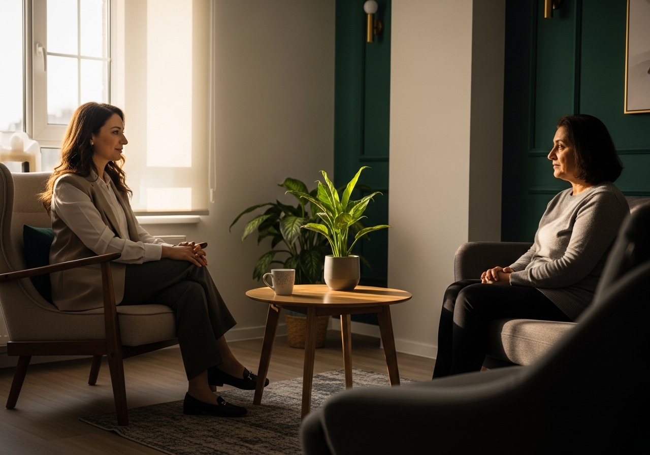 Bir yetişkin sakin bir terapi odasında ruh sağlığı uzmanıyla karşı karşıya konuşuyor