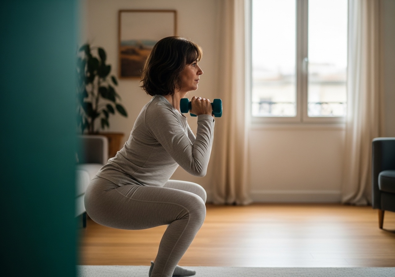 Yetişkin kadın evinde hafif dumbbell ile direnç antrenmanı yaparken — yan profilden