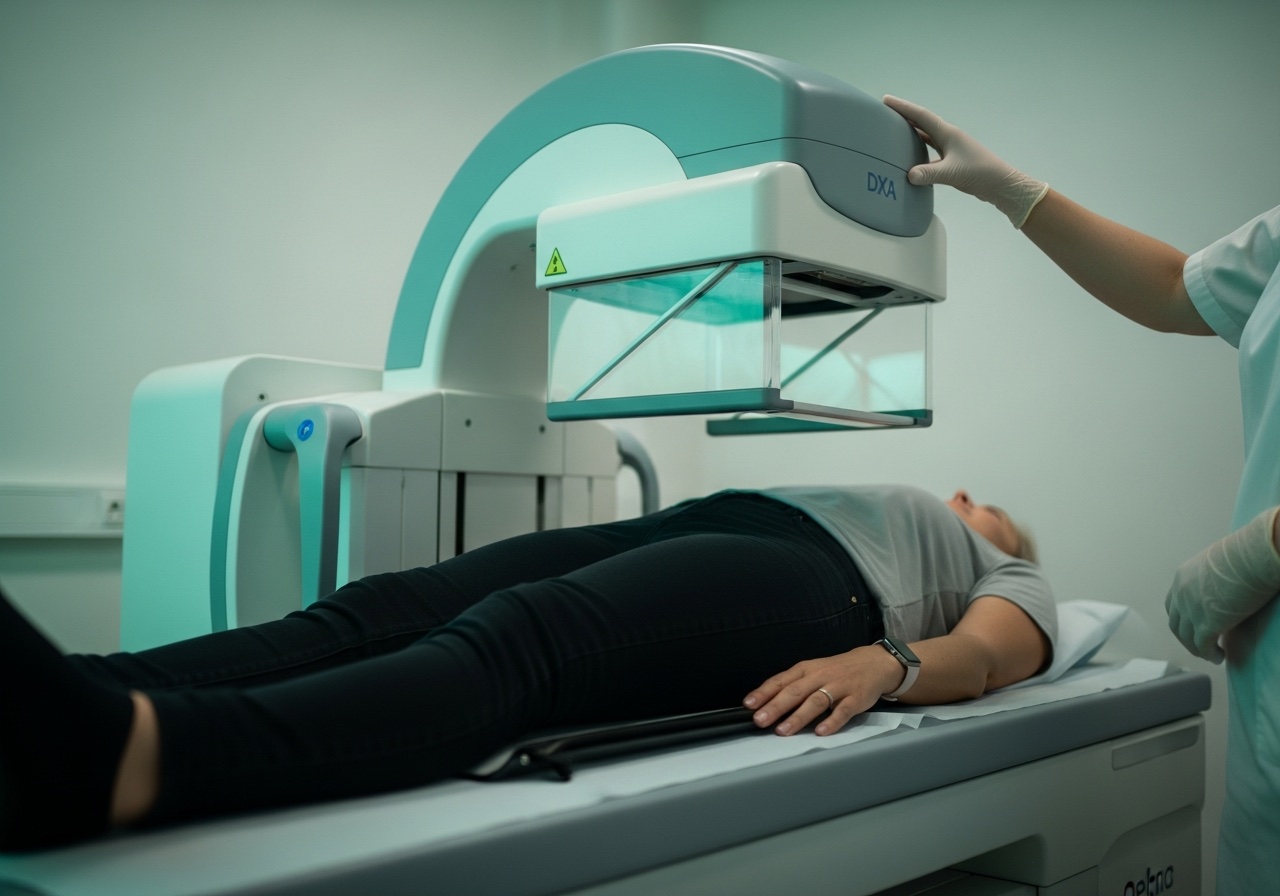 DXA kemik yoğunluğu ölçüm cihazı kliniğinde yakın çekim — tarama süreci