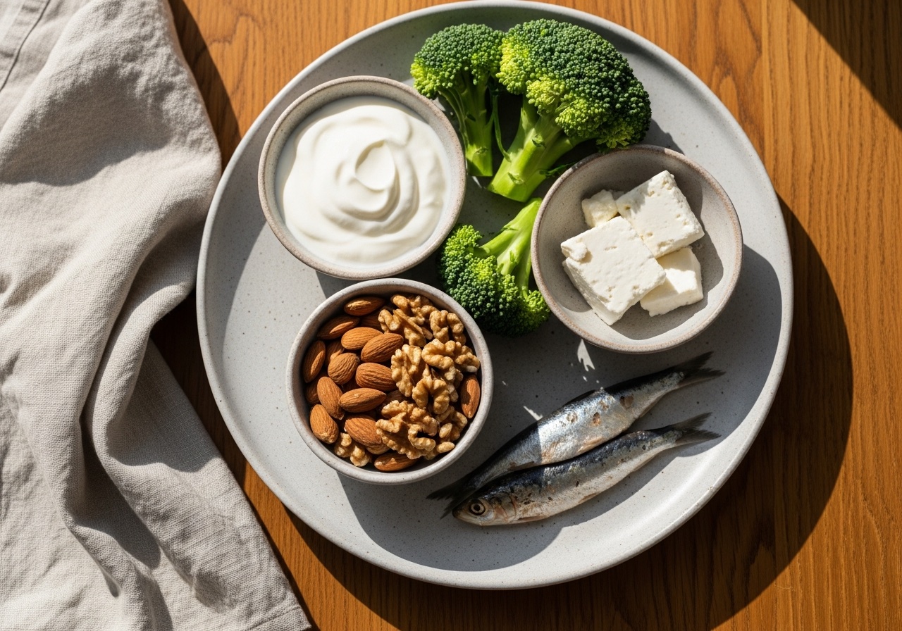 Yoğurt, badem, brokoli, sardalya ve taze peynir içeren kalsiyum zengini tabak — üstten çekim