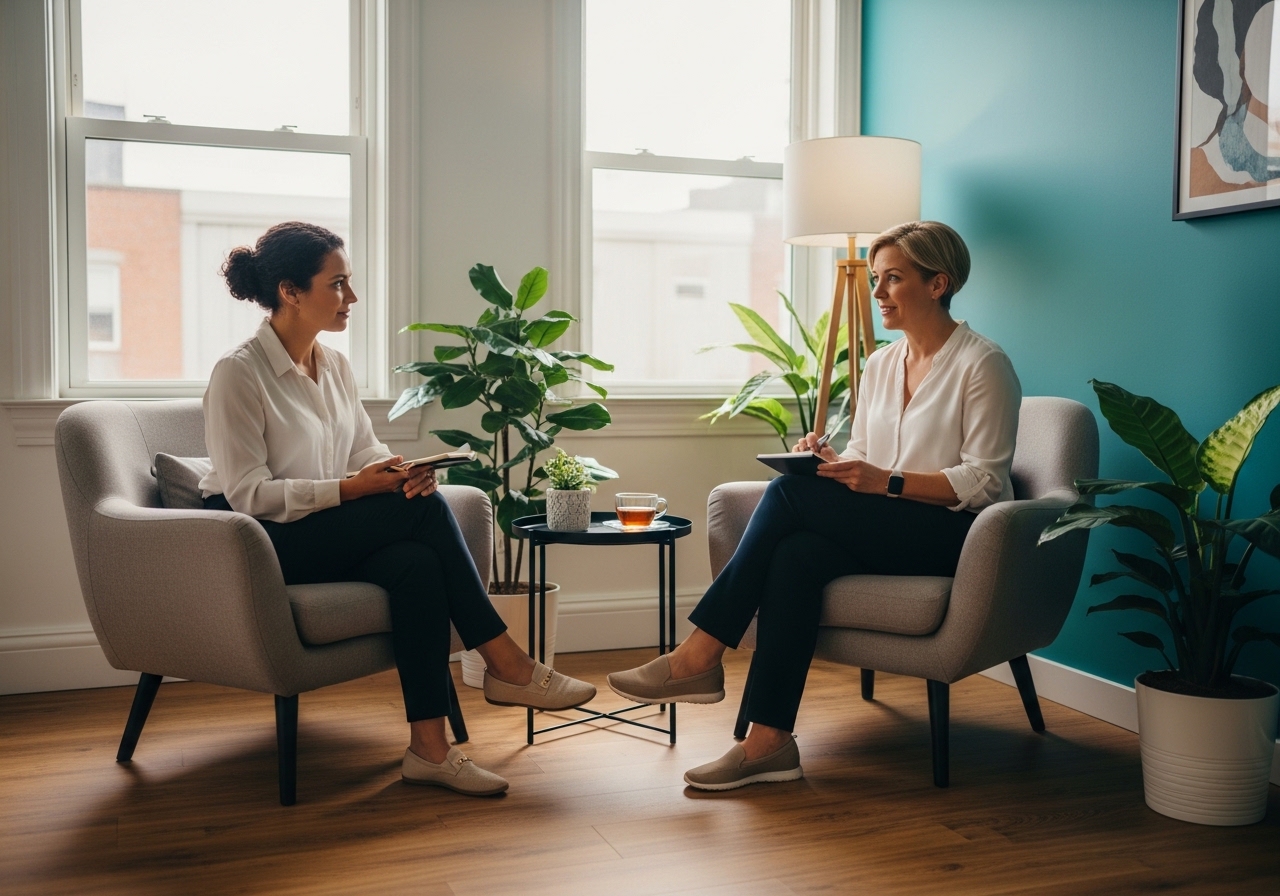 Rahat bir terapi odasında iki kişi karşılıklı oturmuş, biri dikkatle dinliyor; not defteri ve çay fincanı arada