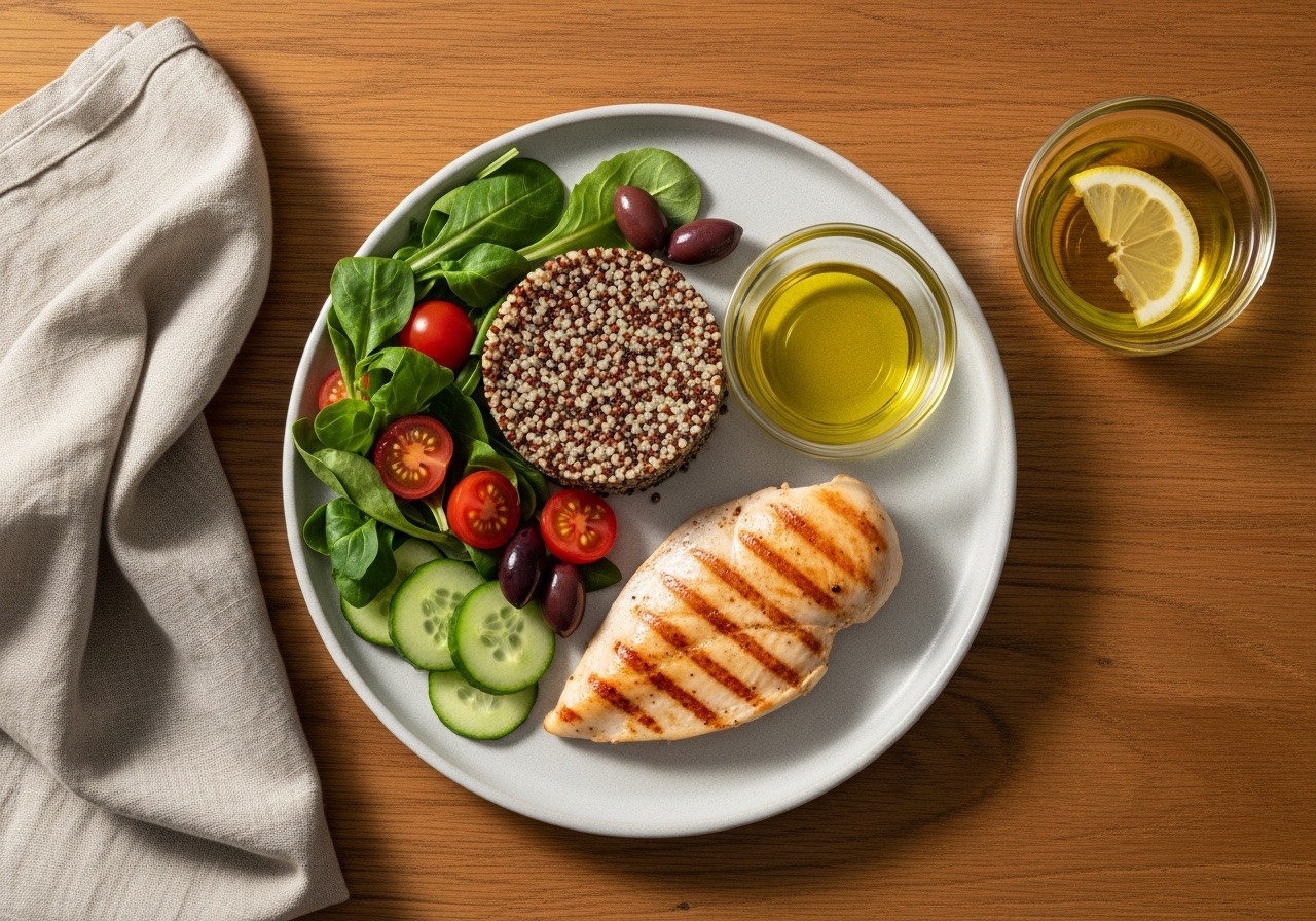 Izgara tavuk, kinoa, yeşil salata ve zeytinyağı içeren dengeli bir öğün — üstten çekim