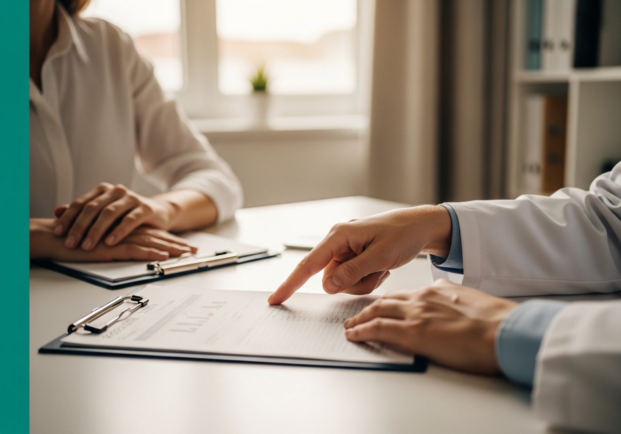 Jinekoloji hekiminin hasta ile tetkik sonuçlarını gözden geçirdiği sakin konsültasyon sahnesi