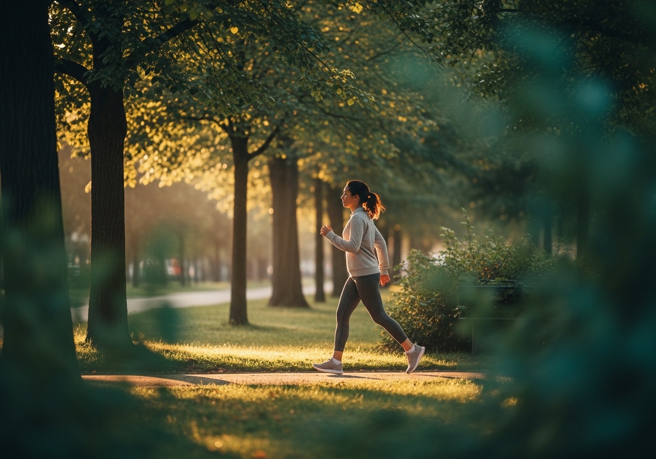 Yetişkin bir kadın sabah ışığında parkta tempolu yürüyüş yaparken — yan profilden geniş çekim