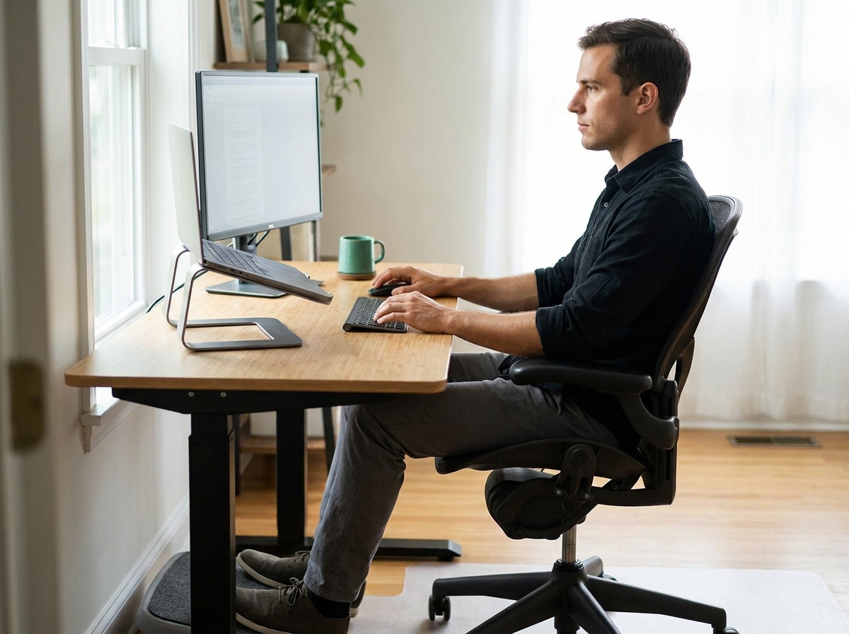 Modern bir ofis çalışanı doğru ergonomik kurulumda — laptop standı, harici klavye, ayak yere düz, sırt sandalyeye yaslı.