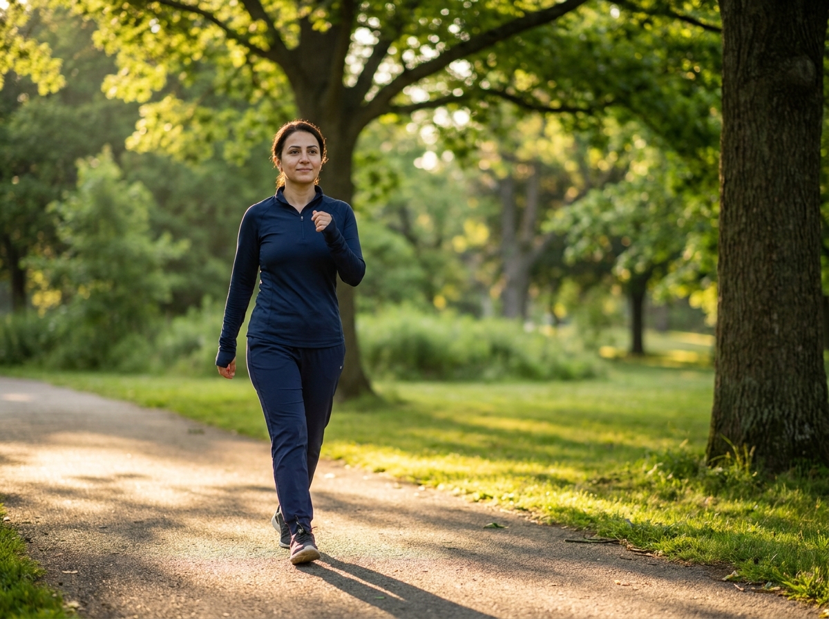 Yetişkin kadın açık havada parkta hızlı tempolu yürüyüş yapıyor, doğal sabah ışığında