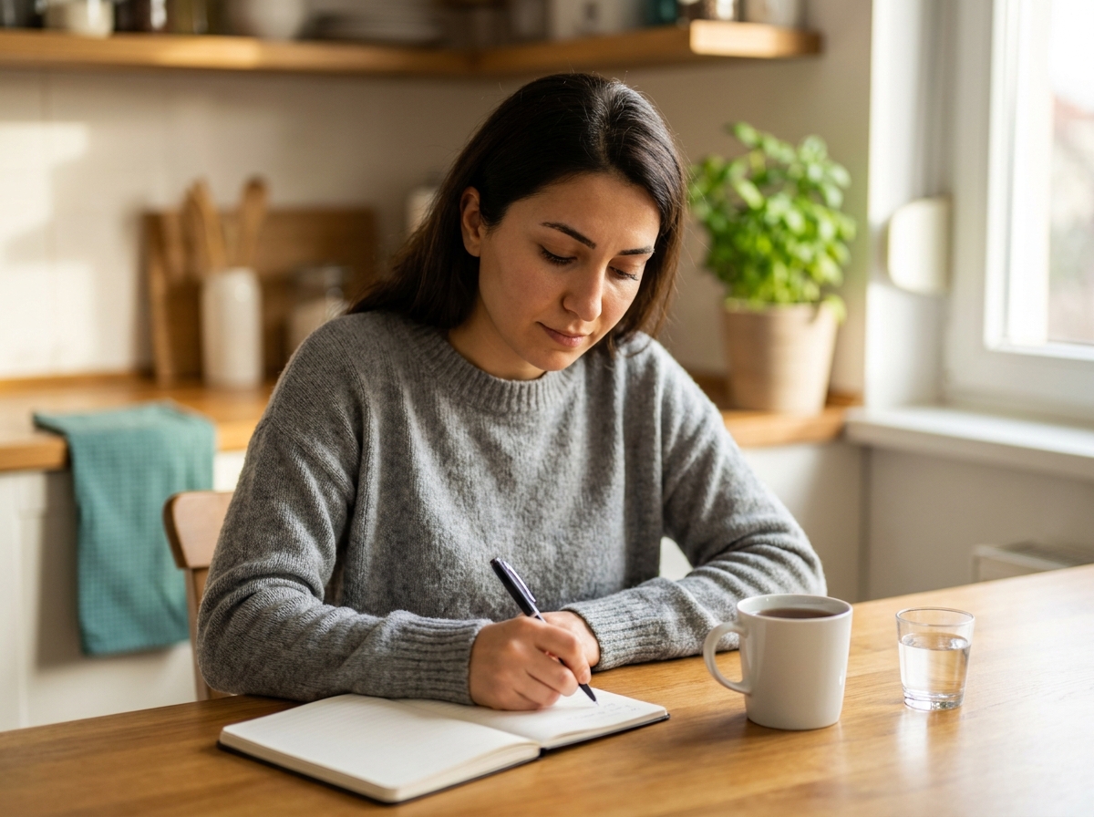 Genç yetişkin kadın evde mutfak masasında oturmuş kalemle bir not defterine yazarken sakin biçimde