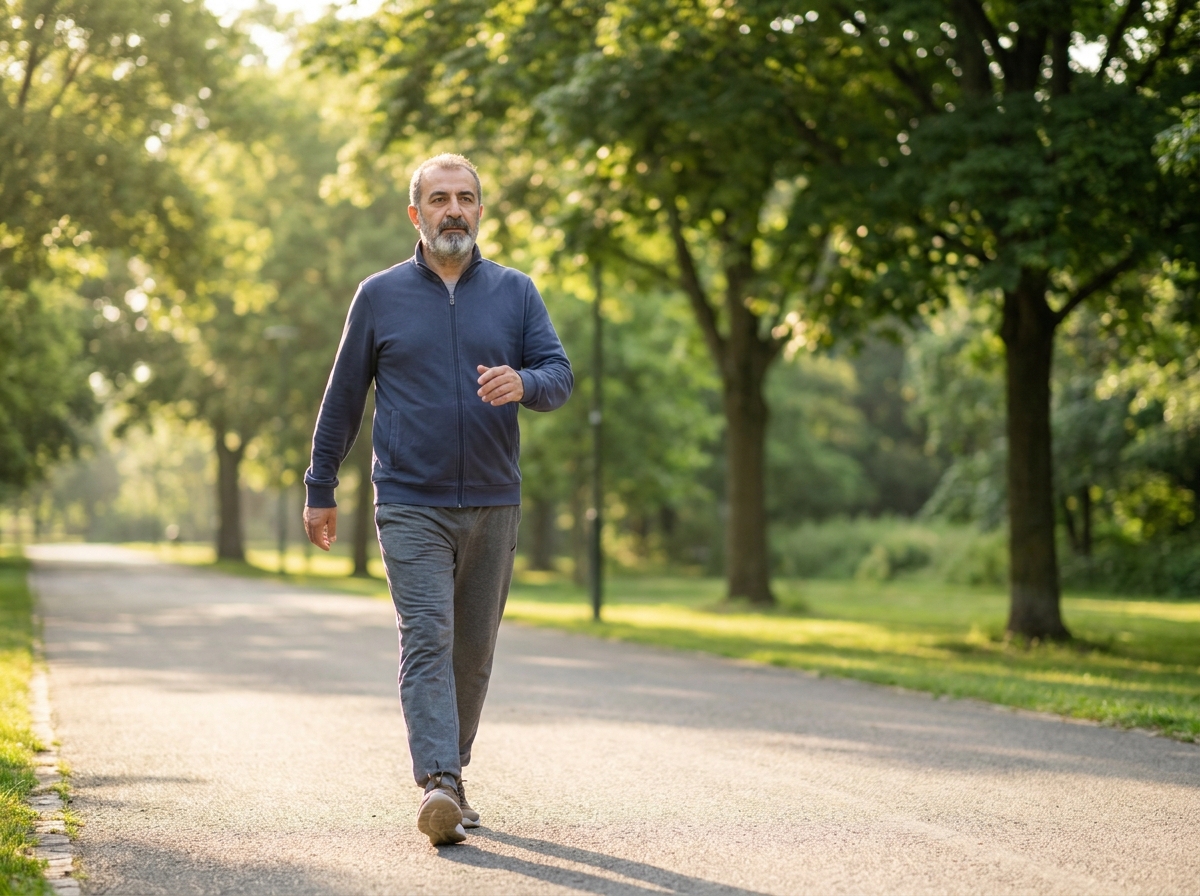 Olgun yetişkin erkek açık havada parkta yürüyüş yaparken, sabah ışığında sakin biçimde