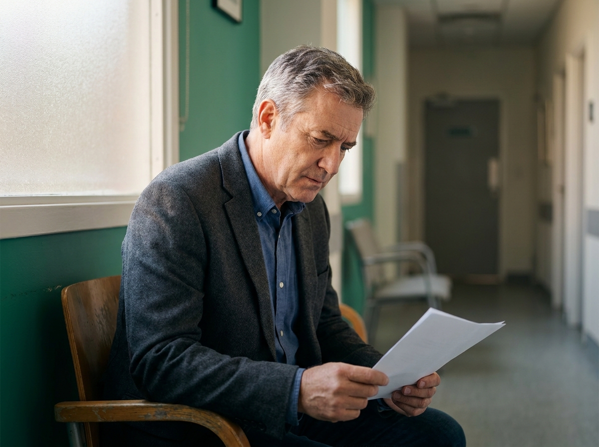 Yetişkin erkek aile hekimi muayenesi sonrası eline aldığı sonuç kağıdına bakıyor, sakin biçimde