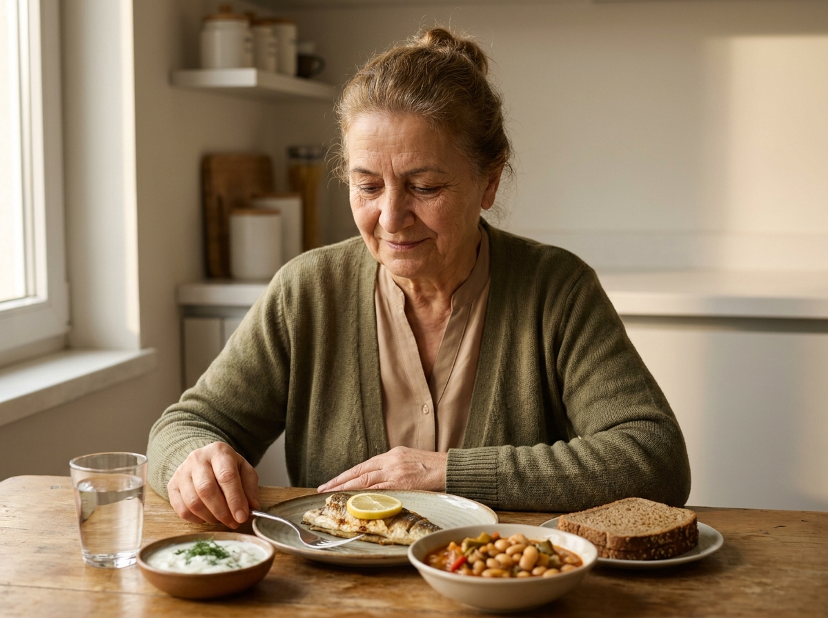 Yaşlı yetişkin kadın mutfak masasında ızgara balık, yoğurt ve sebze yemeği yiyor; sarkopeni ve kemik sağlığı için protein hedefi