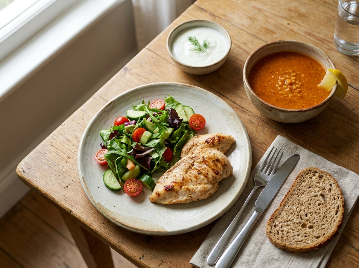 Yetişkin Türk öğle yemeği tabağı: ızgara tavuk, mercimek çorbası ve yoğurtlu salata günlük protein hedefini gösterir