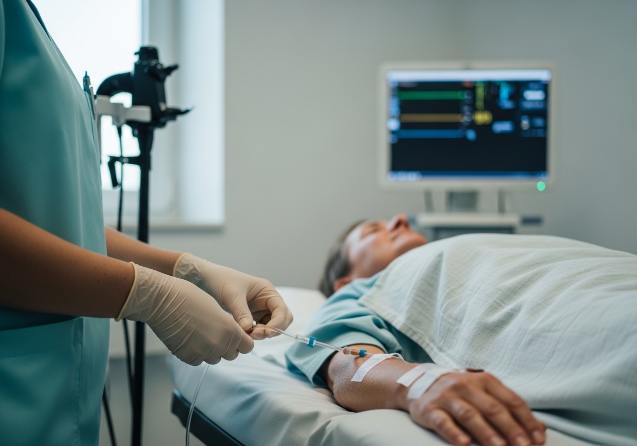 Endoskopi hazırlık odasında sakin hasta ve hemşire — klinik ortam