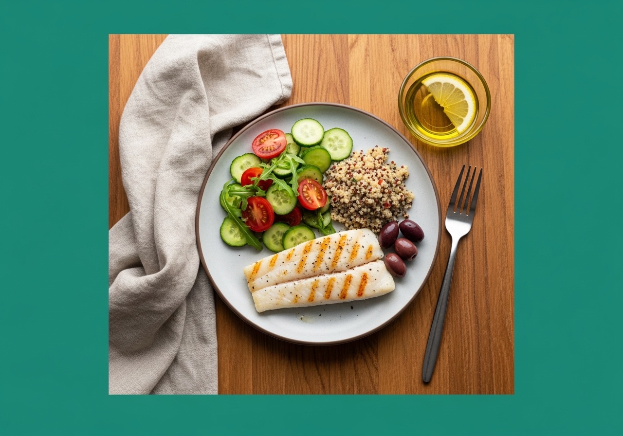 Küçük porsiyonlu Akdeniz tipi sağlıklı öğün — zeytinyağı, sebze, ızgara balık