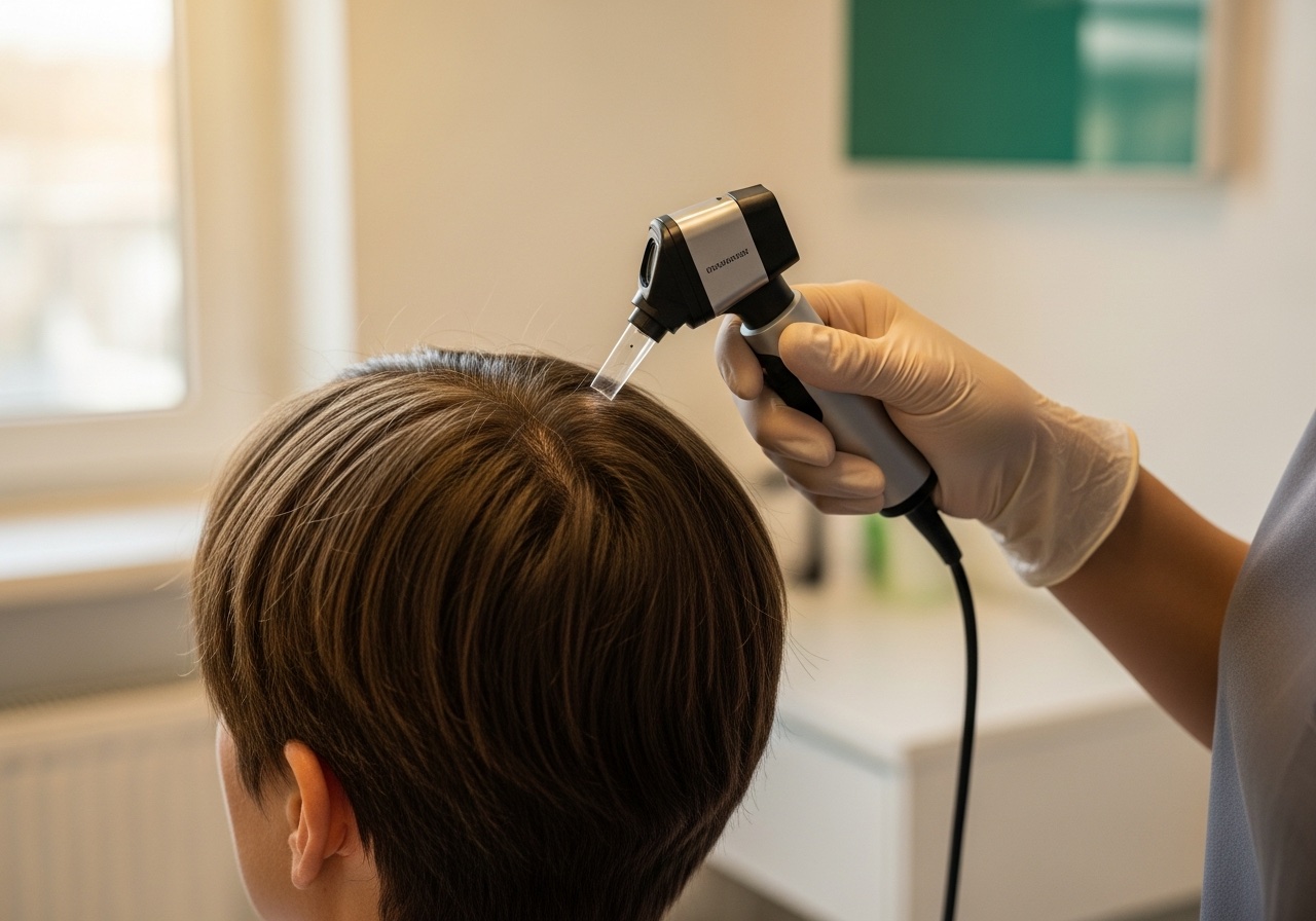 Dermatolog eldivenli eliyle dermatoskop tutarak yetişkin bir hastanın saçlı derisini incelerken — yakın plan klinik muayene