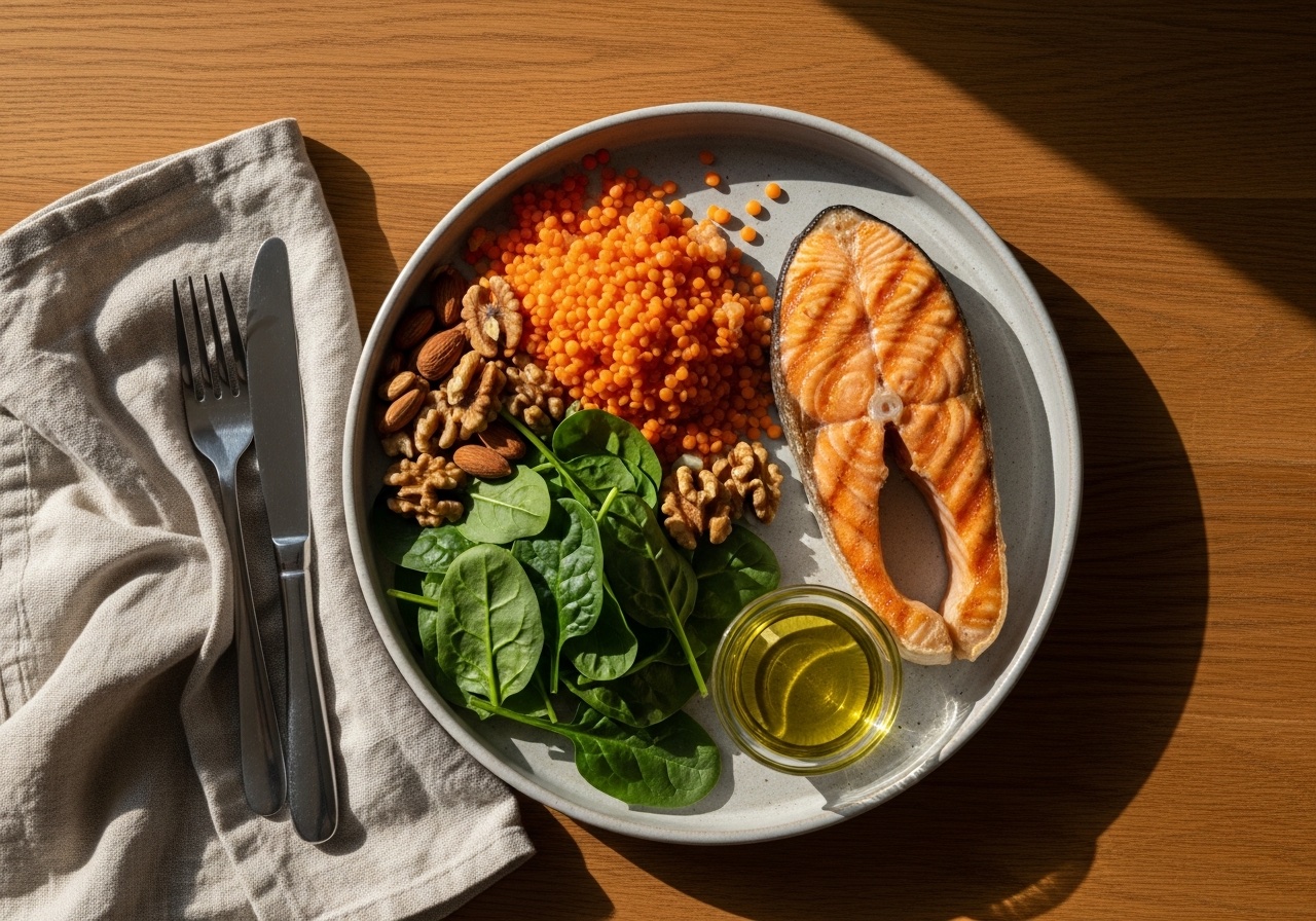 Somon, mercimek, ıspanak, ceviz ve badem içeren dengeli bir tabak — üstten çekim