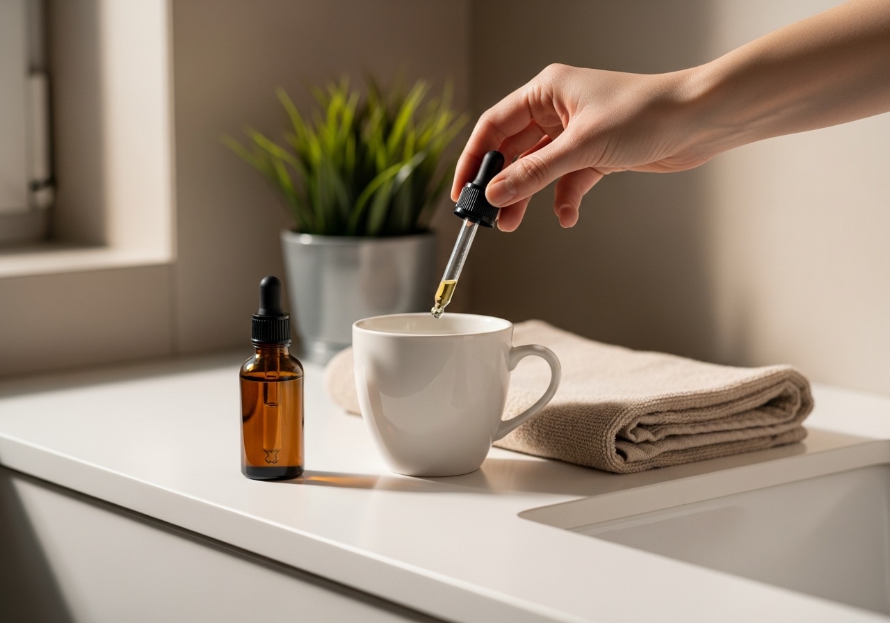 Banyo tezgâhında topikal saç tedavisi için küçük cam damlalıklı şişe ve havlu — sabah rutini