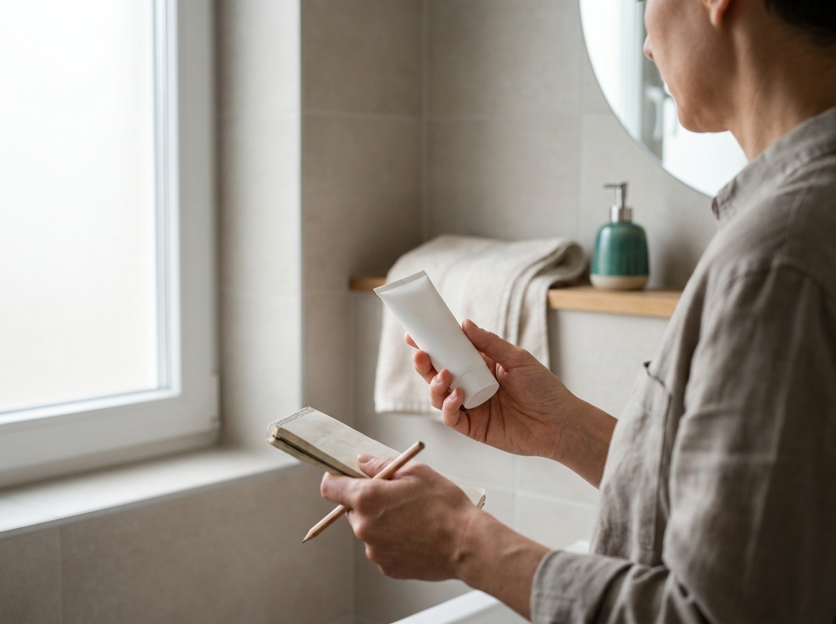 Yetişkin bir kişi banyo lavabosunun yanında parfümsüz nemlendirici tüpünü incelerken