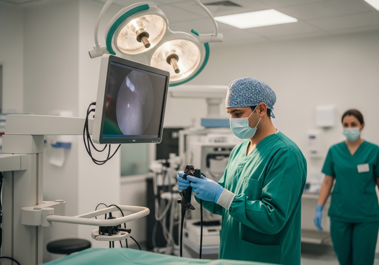 Endoskopi odası: gastroenteroloji hekiminin üst GI endoskopi ekipmanını kontrol etmesi