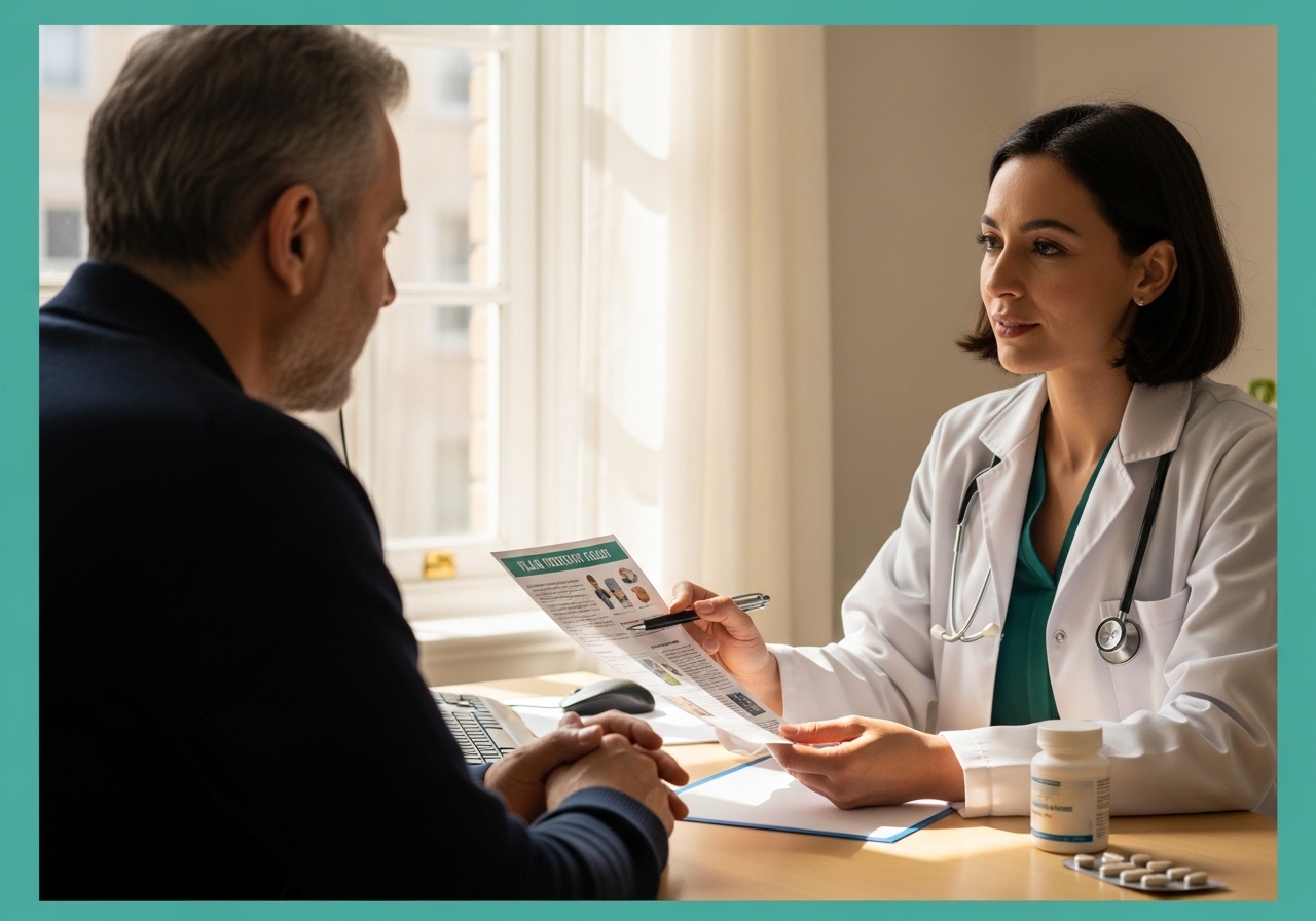 Reflü tedavisi danışması: hekim hasta ile PPI kullanımını konuşuyor