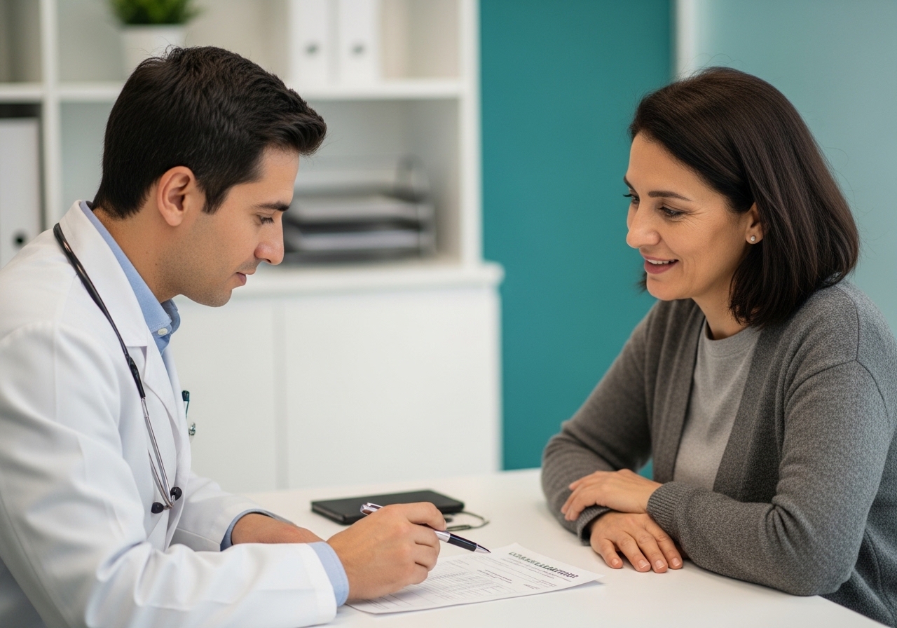 Beyaz önlüklü hekim, masada laboratuvar sonuç çıktısını yetişkin hastayla birlikte inceliyor