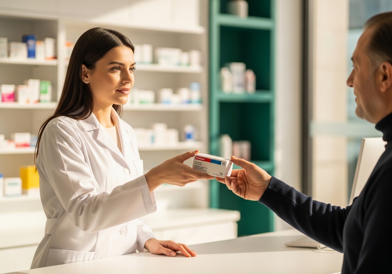 Eczane tezgahında eczacı, kolesterol ilacı kutusunu bir yetişkin hastaya uzatıyor