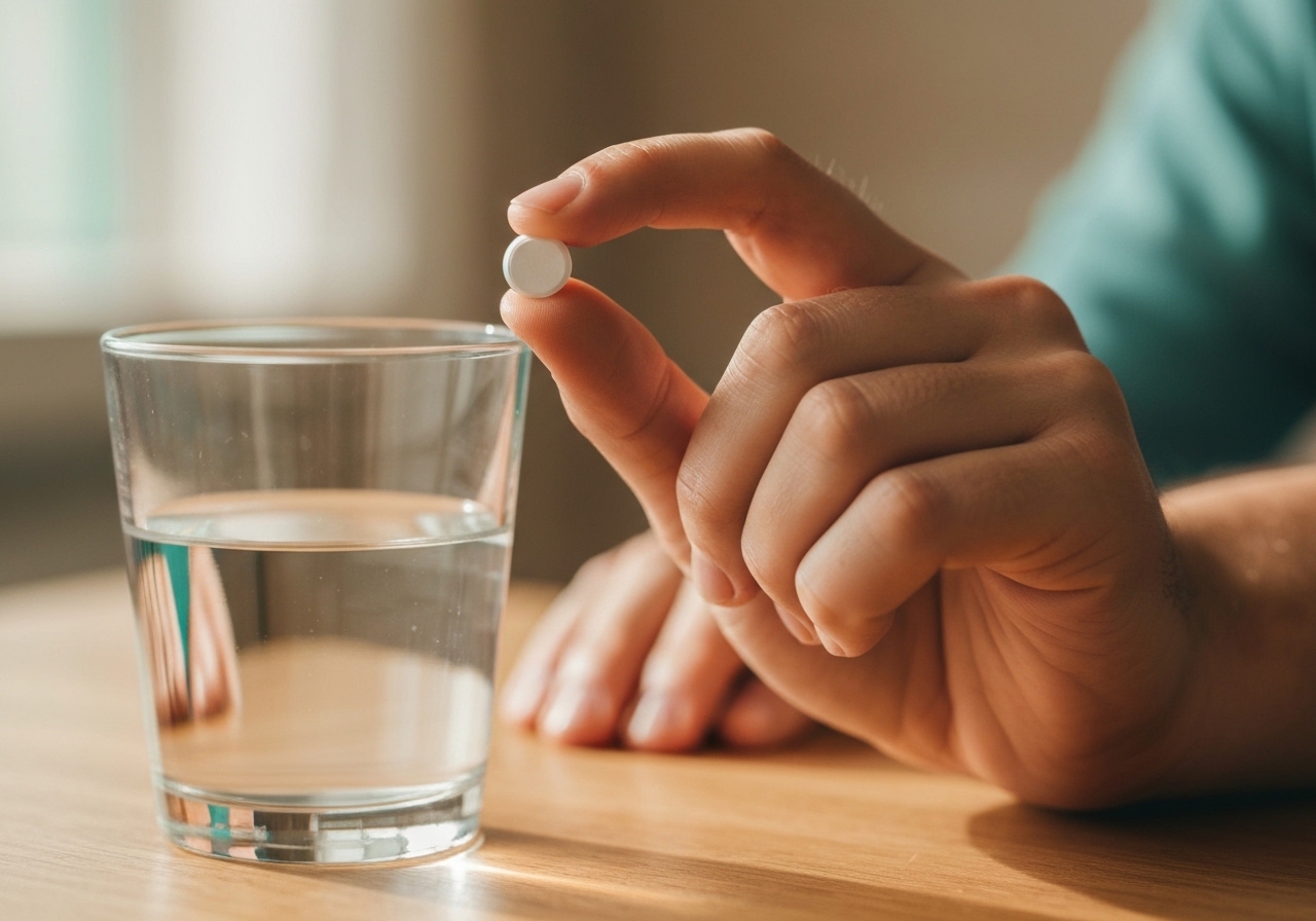 Bir bardak suyla beraber elinde küçük beyaz bir tablet tutan yetişkin yakın çekim