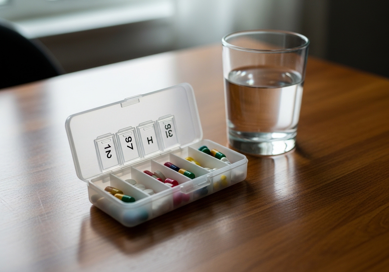 Haftalık bölmeli ilaç organizeri masada açık halde, her bölümde farklı renklerde tabletler, yanında bir bardak su