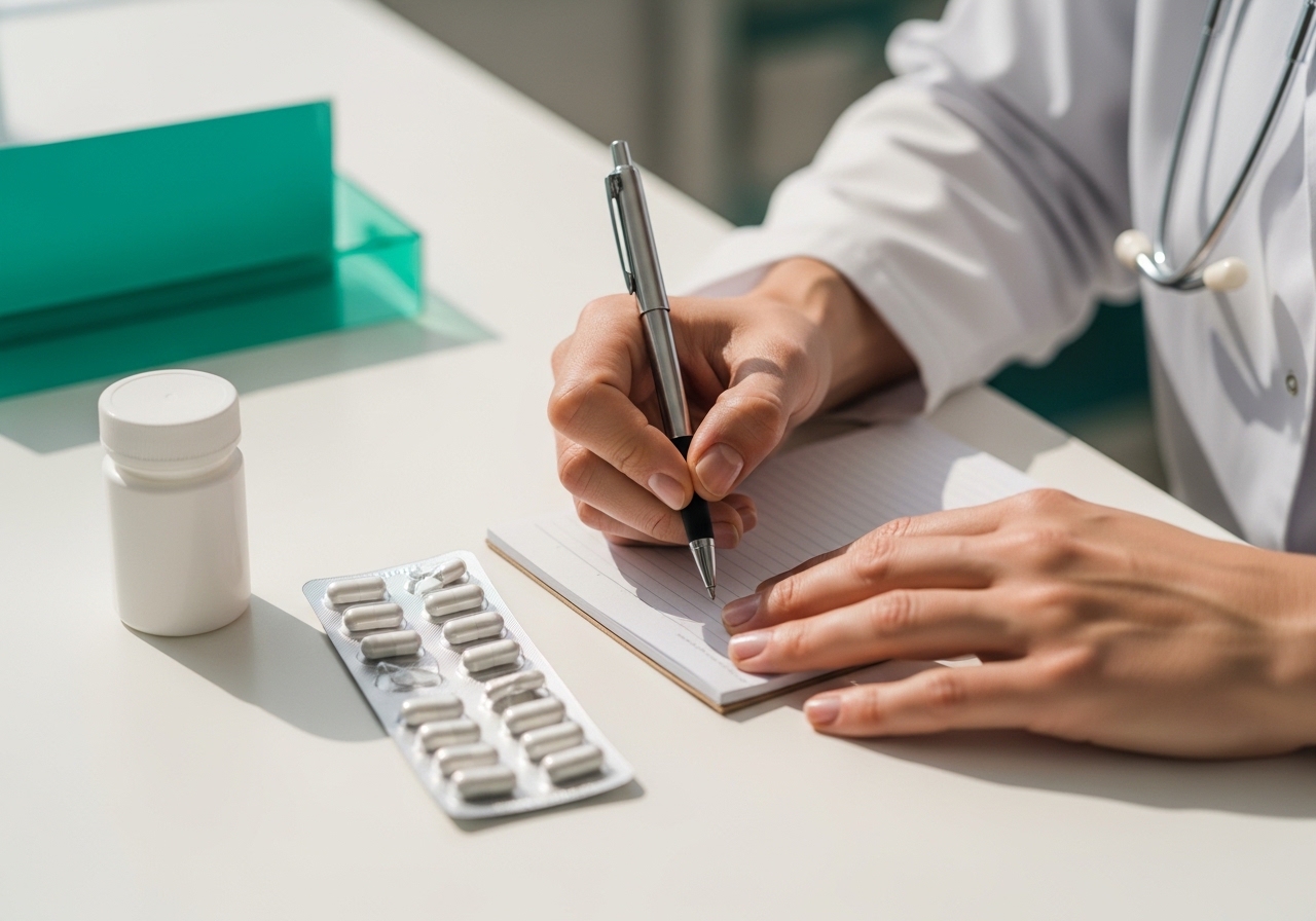 Tezgah üstünde bir blister paket ve bir not kâğıdı; eczacı elleri kalemle notlar alıyor